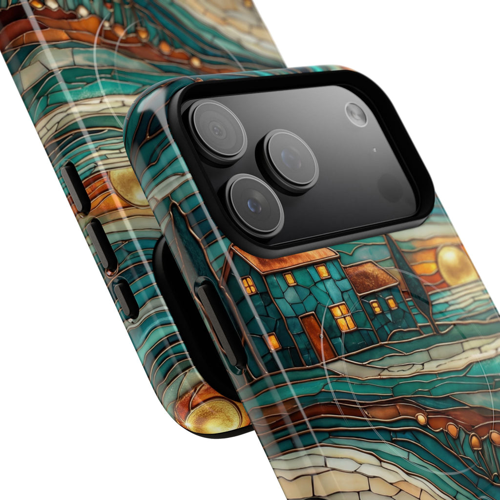 Custodia per telefono MagSafe resistente con paesaggio rustico al tramonto | Custodia protettiva artistica color verde acqua e rame