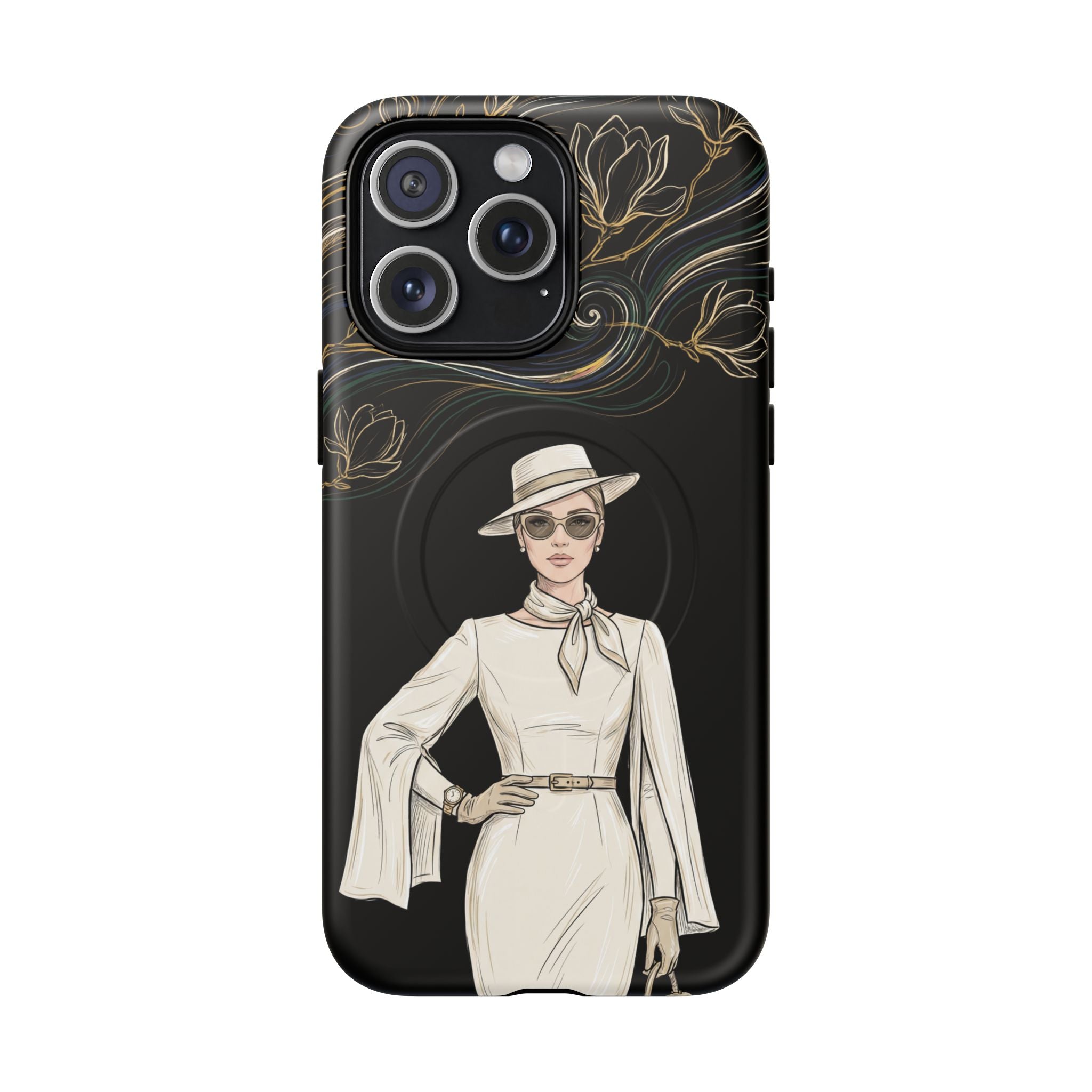 MagSafe iPhone Case | Elegant Vintage Lady with Gold Floral Swirls