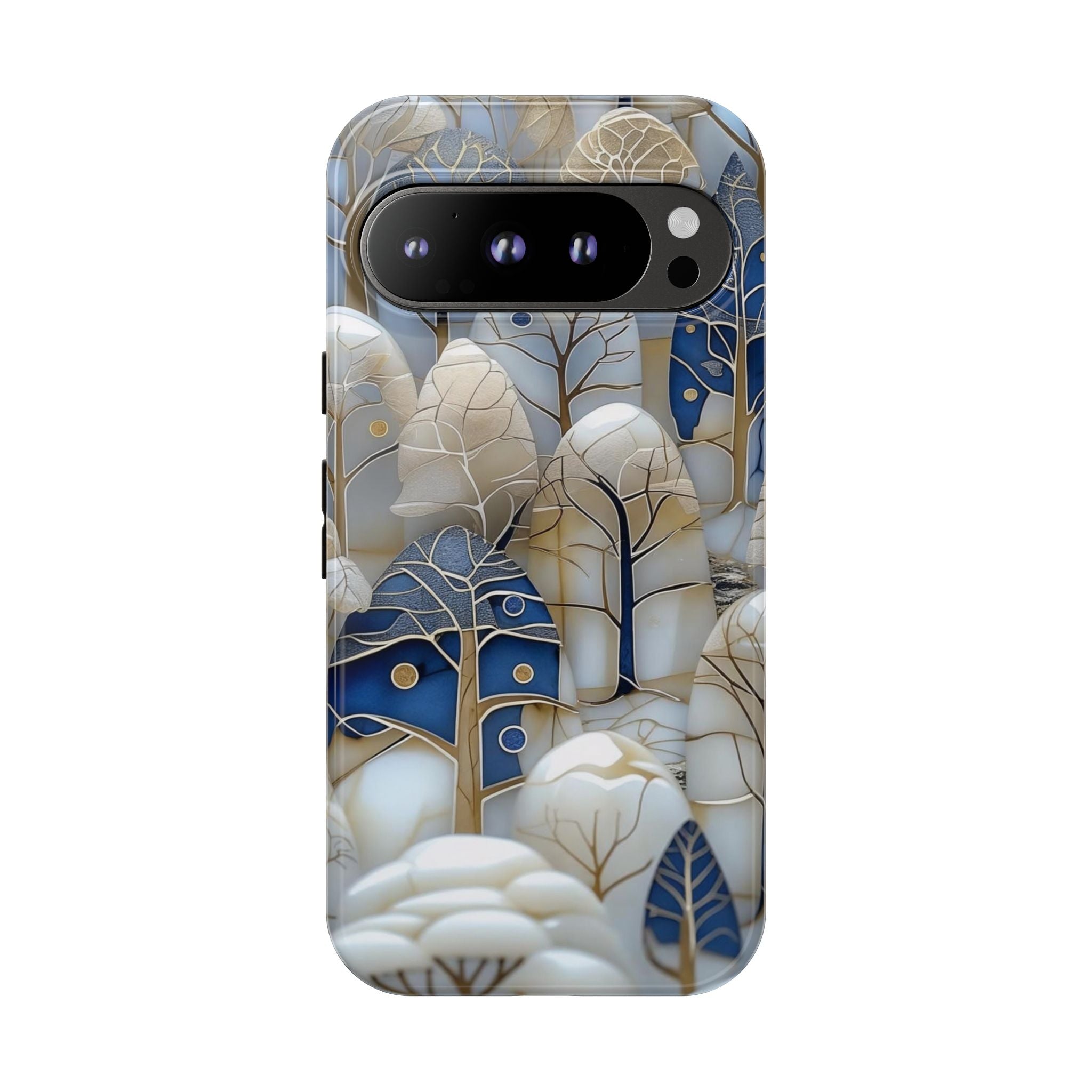Blue Gold Winter Forest Google Pixel Case — Elegant Tree Pattern Tough Case