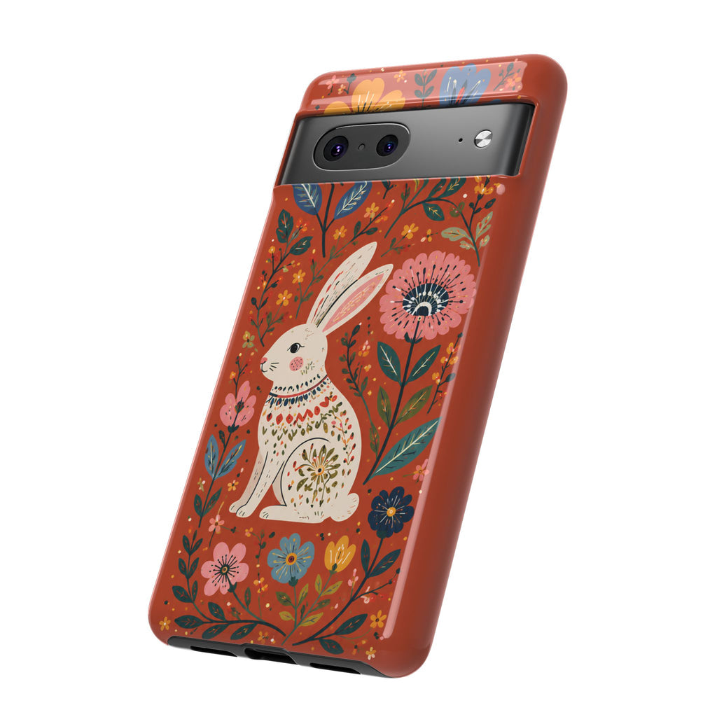 Floral Rabbit Tough Google Pixel Phone Case | Protective Phone Case with Folk Art Bunny Design