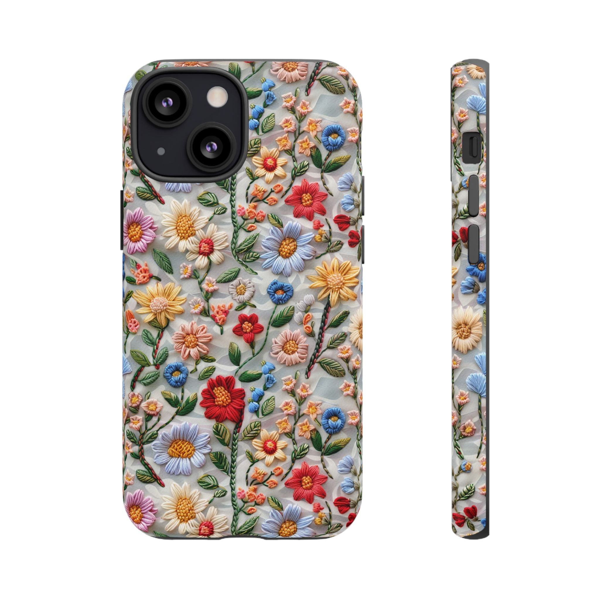 Floral Embroidered Pattern Tough iPhone Case — Colourful Daisy & Wildflower Design