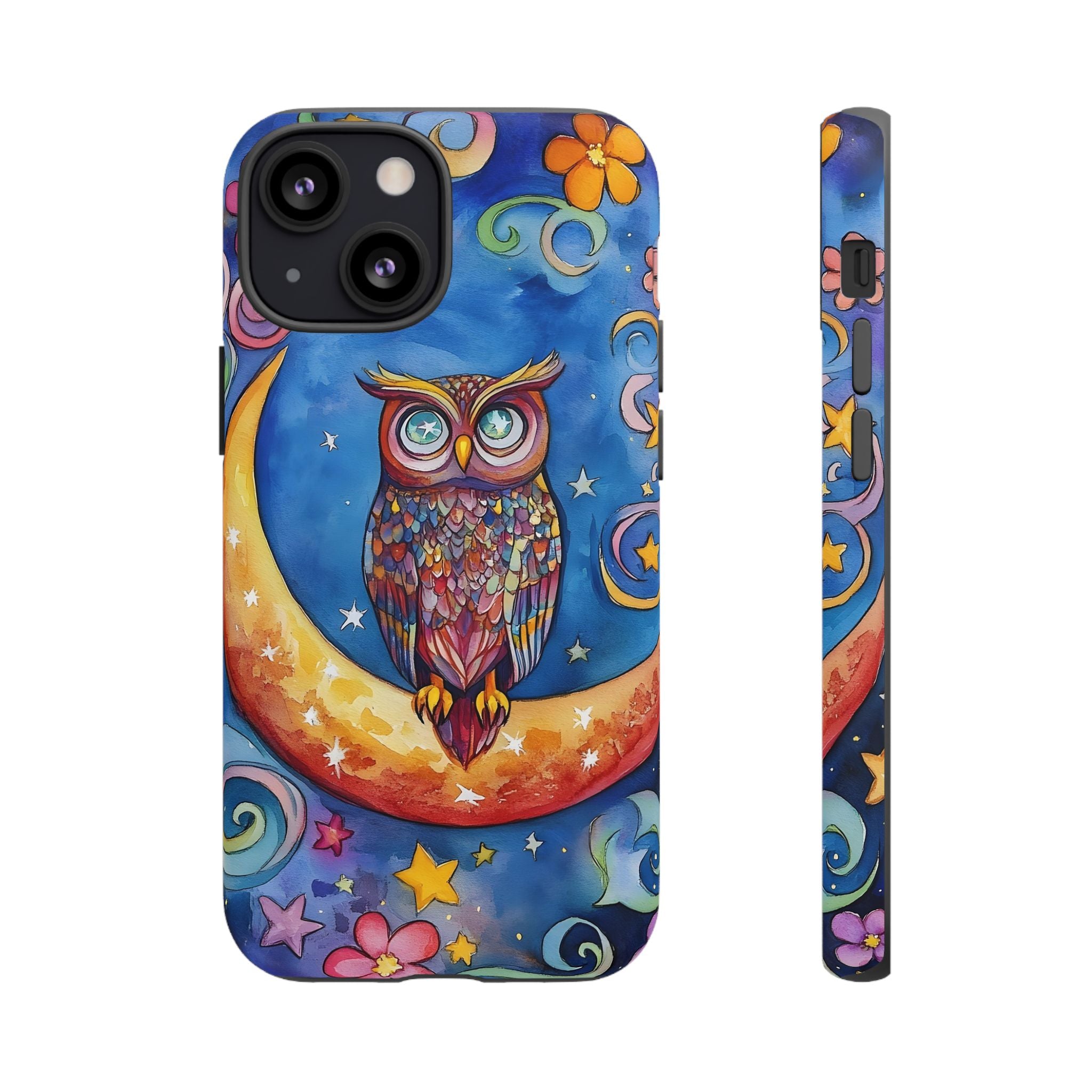 Owl on Crescent Moon iPhone Case — Colourful Whimsical Night Sky Design