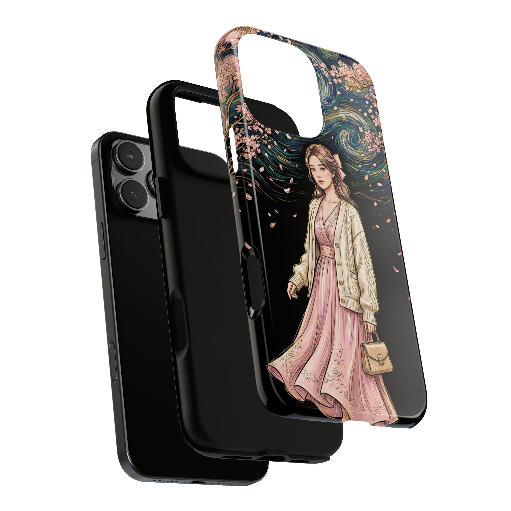 Floral Starry Night iPhone Case | Elegant Girl in Pink Dress