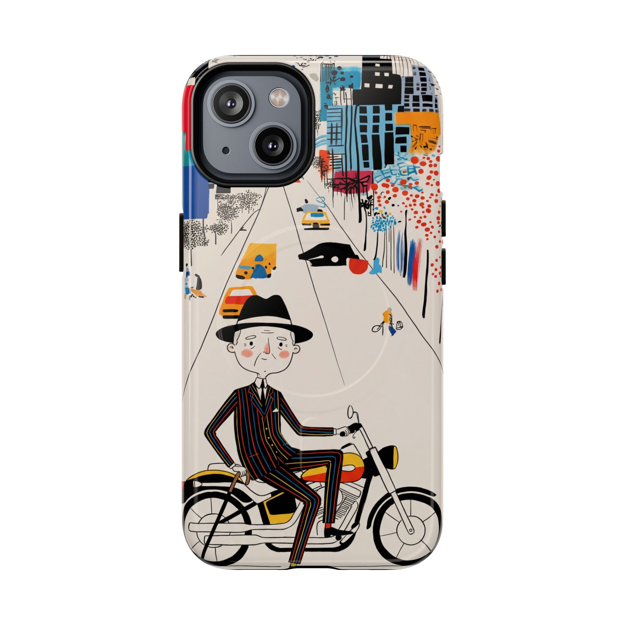 Vintage Grandpa Rider Motorcycle MagSafe iPhone Case | Illustrated Cityscape