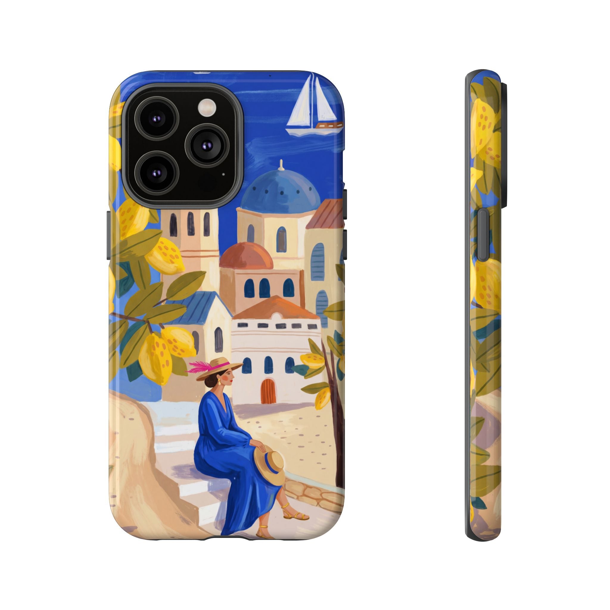 Mediterranean Village iPhone Case | Scenic Sailboat & Lemon Grove Design