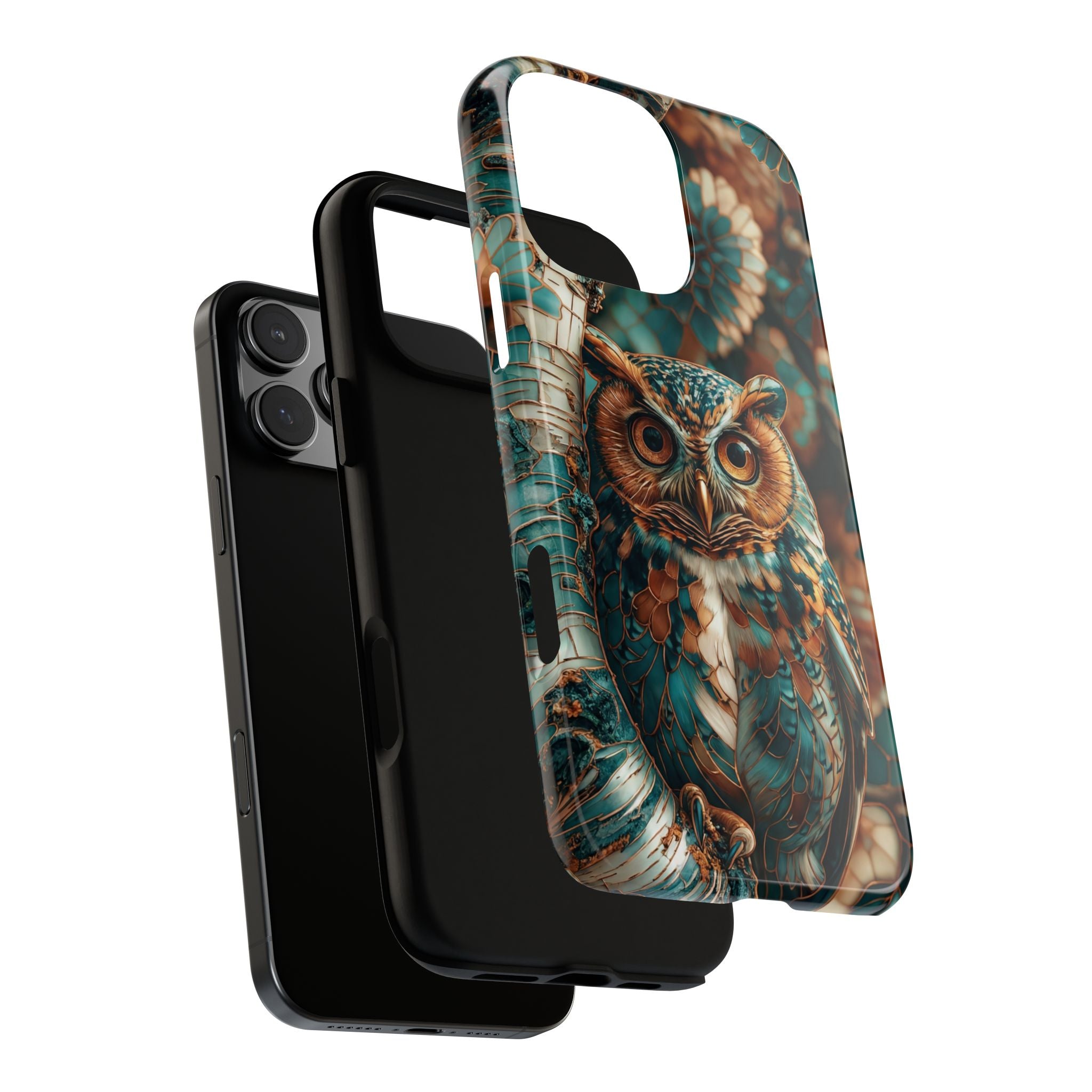Custodia rigida per iPhone Owl Forest | Custodia protettiva rustica con animali selvatici color verde acqua e marrone