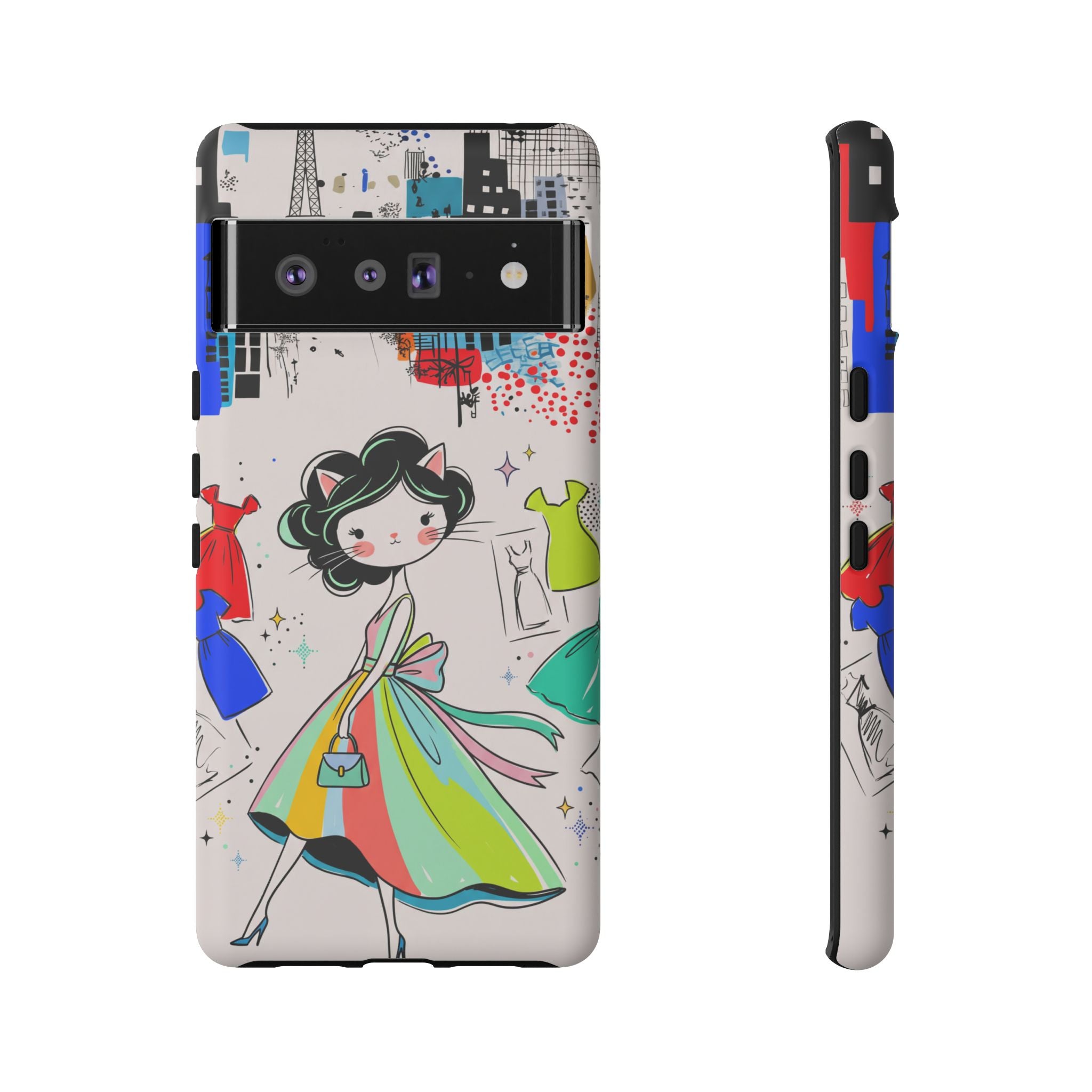 Retro Fashion Cat Girl Google Pixel Phone Case | Cute Dress & City Print