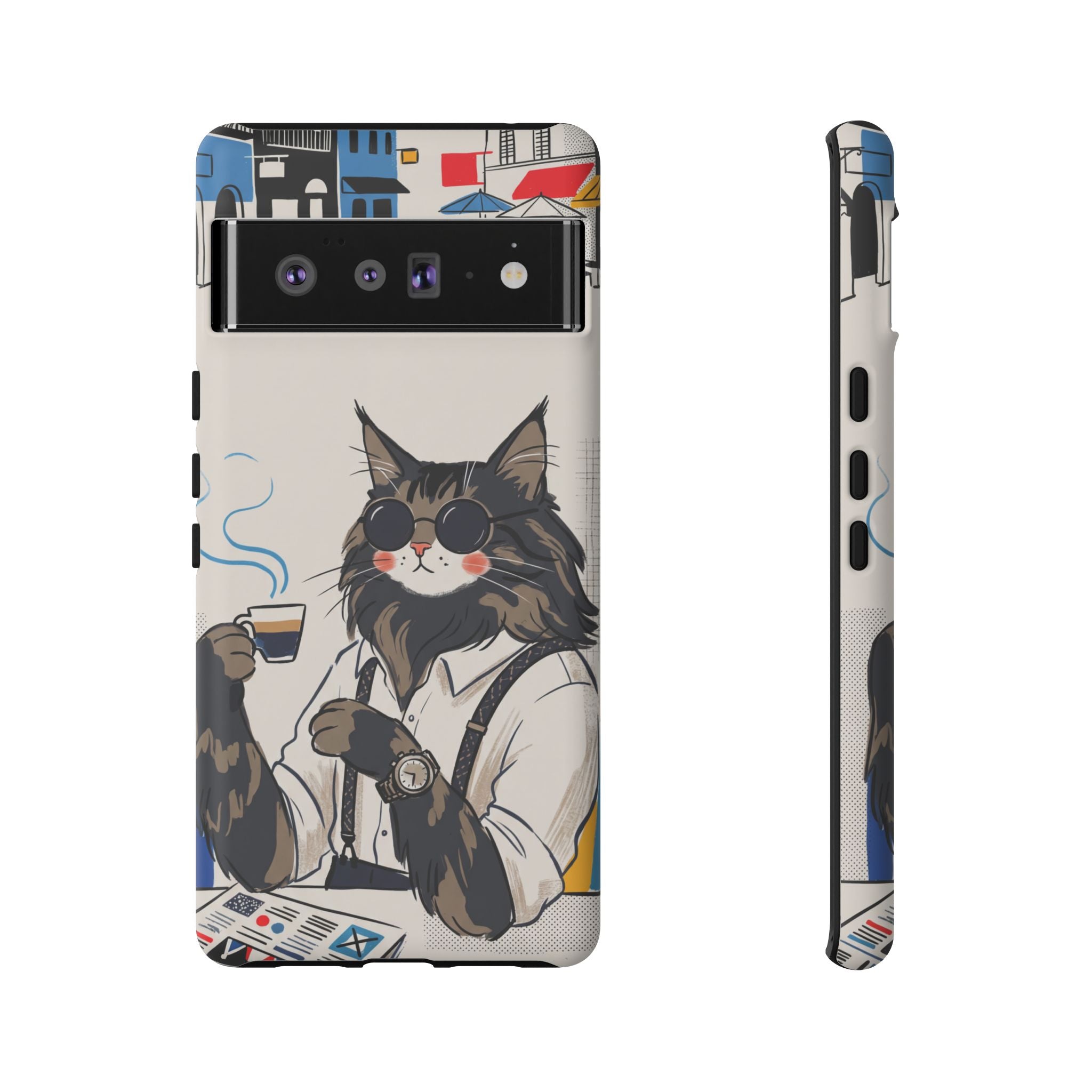 Cat Barista Google Pixel Phone Case | Cool Cat in Sunglasses Coffee Shop Design
