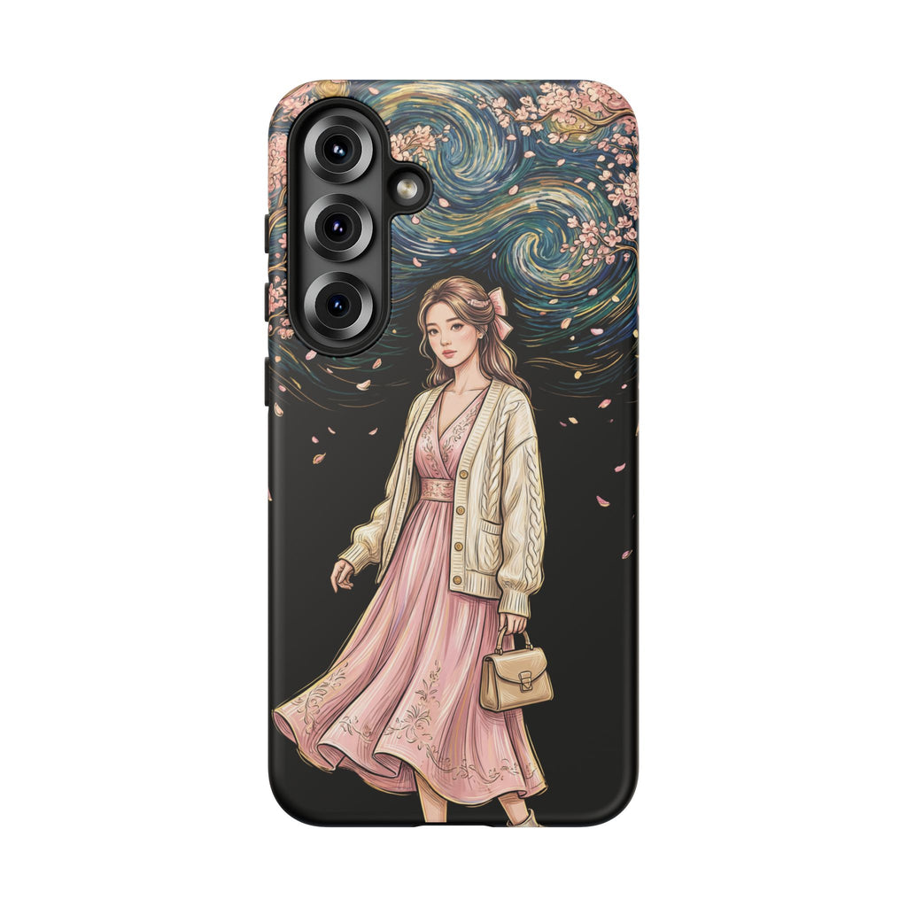 Floral Starry Night Samsung Galaxy Phone Case | Elegant Girl in Pink Dress