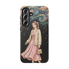 Floral Starry Night Samsung Galaxy Phone Case | Elegant Girl in Pink Dress