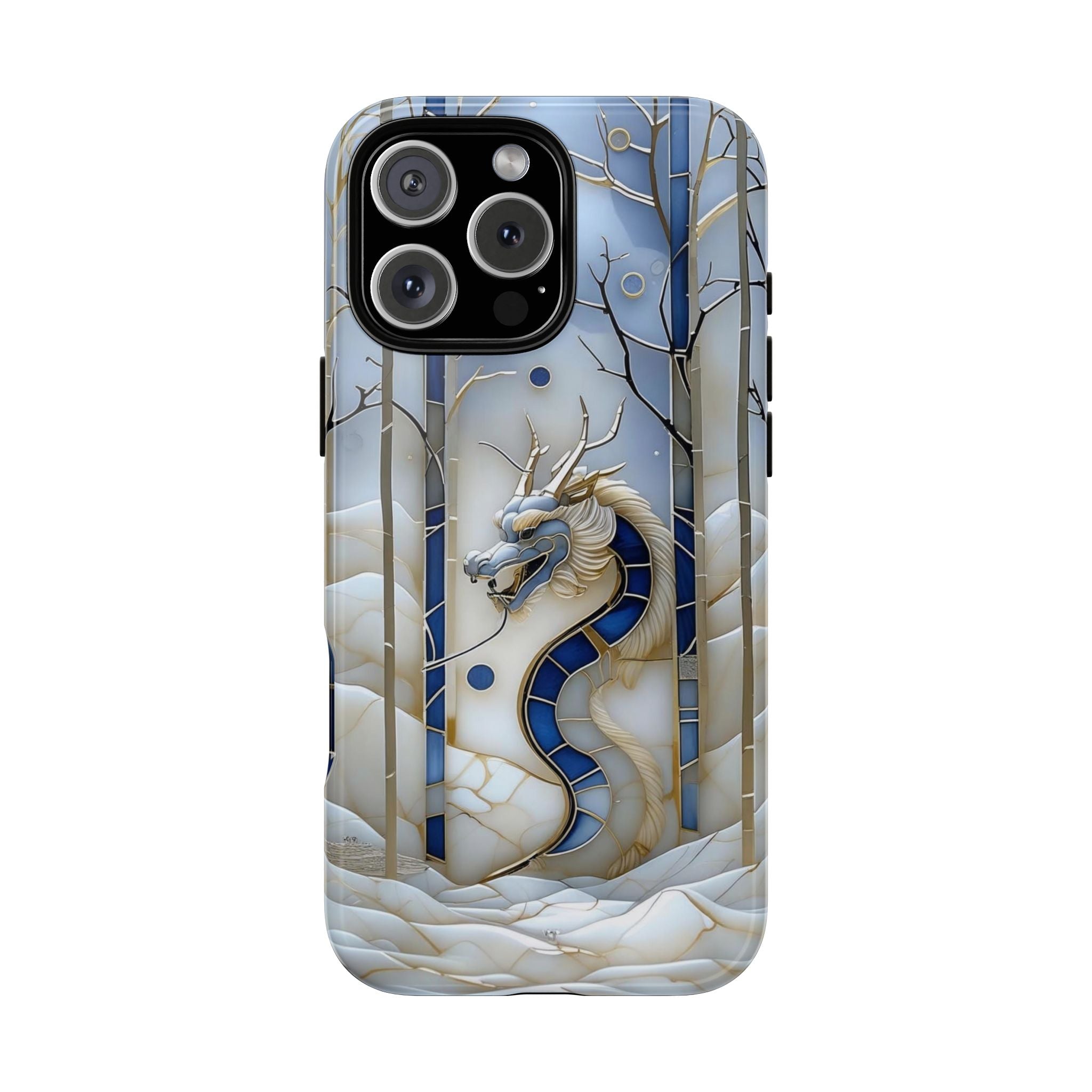 Dragon Stained Glass iPhone Case — Blue Winter Forest Protective Cover