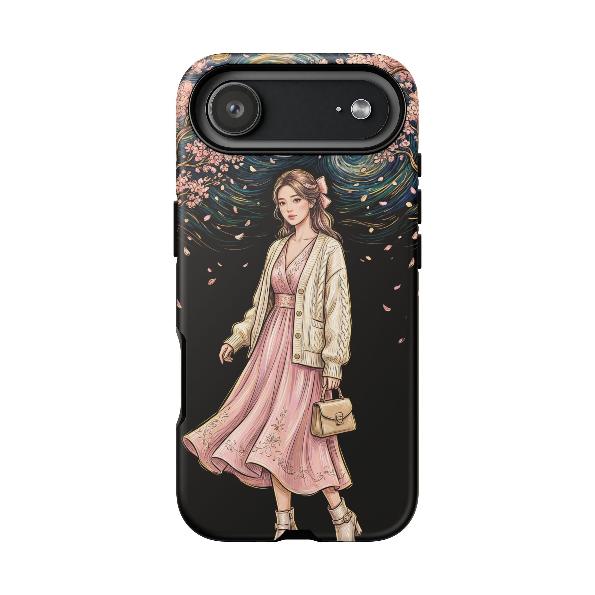 Floral Starry Night iPhone Case | Elegant Girl in Pink Dress