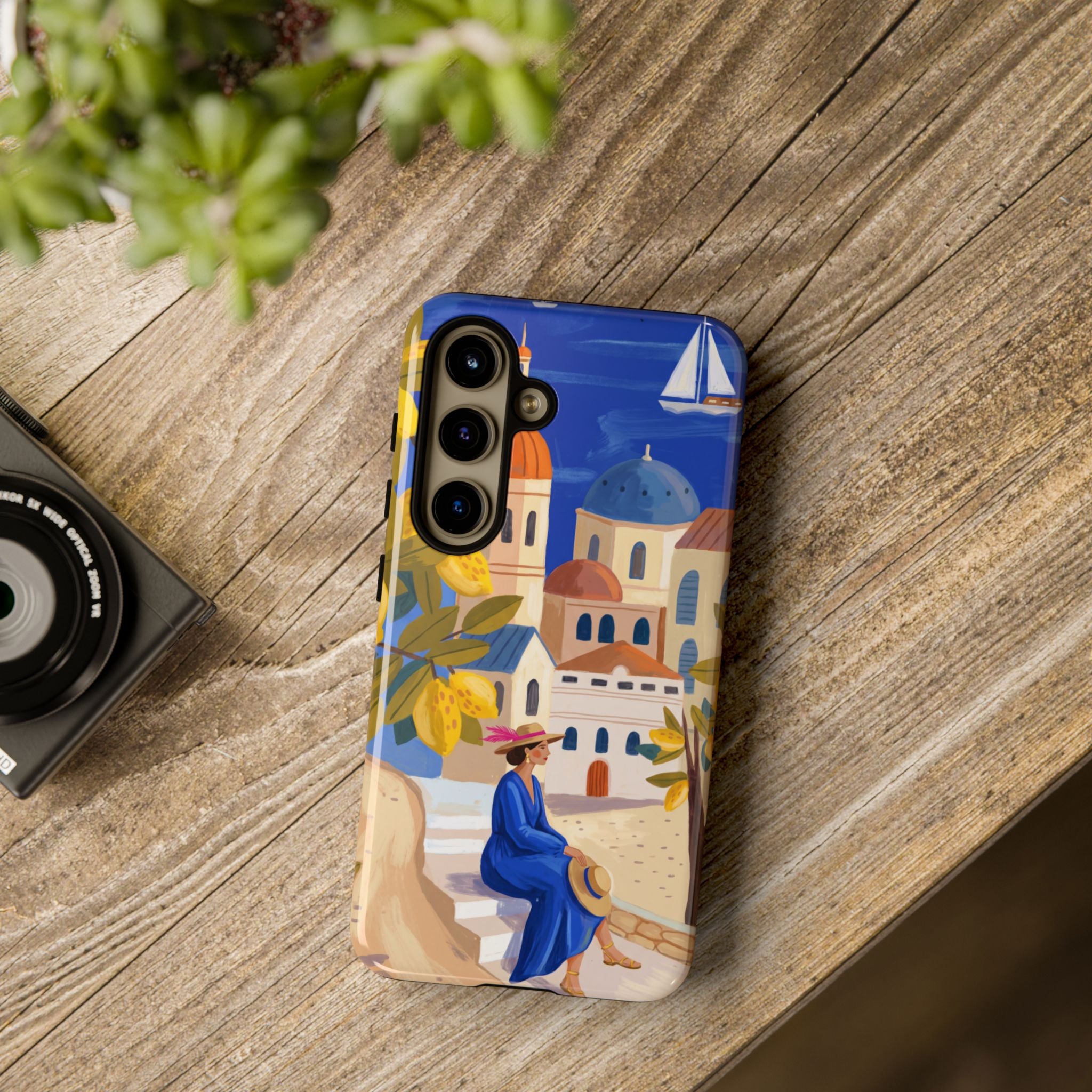 Mediterranean Village Samsung Galaxy Phone Case | Scenic Sailboat & Lemon Grove Design