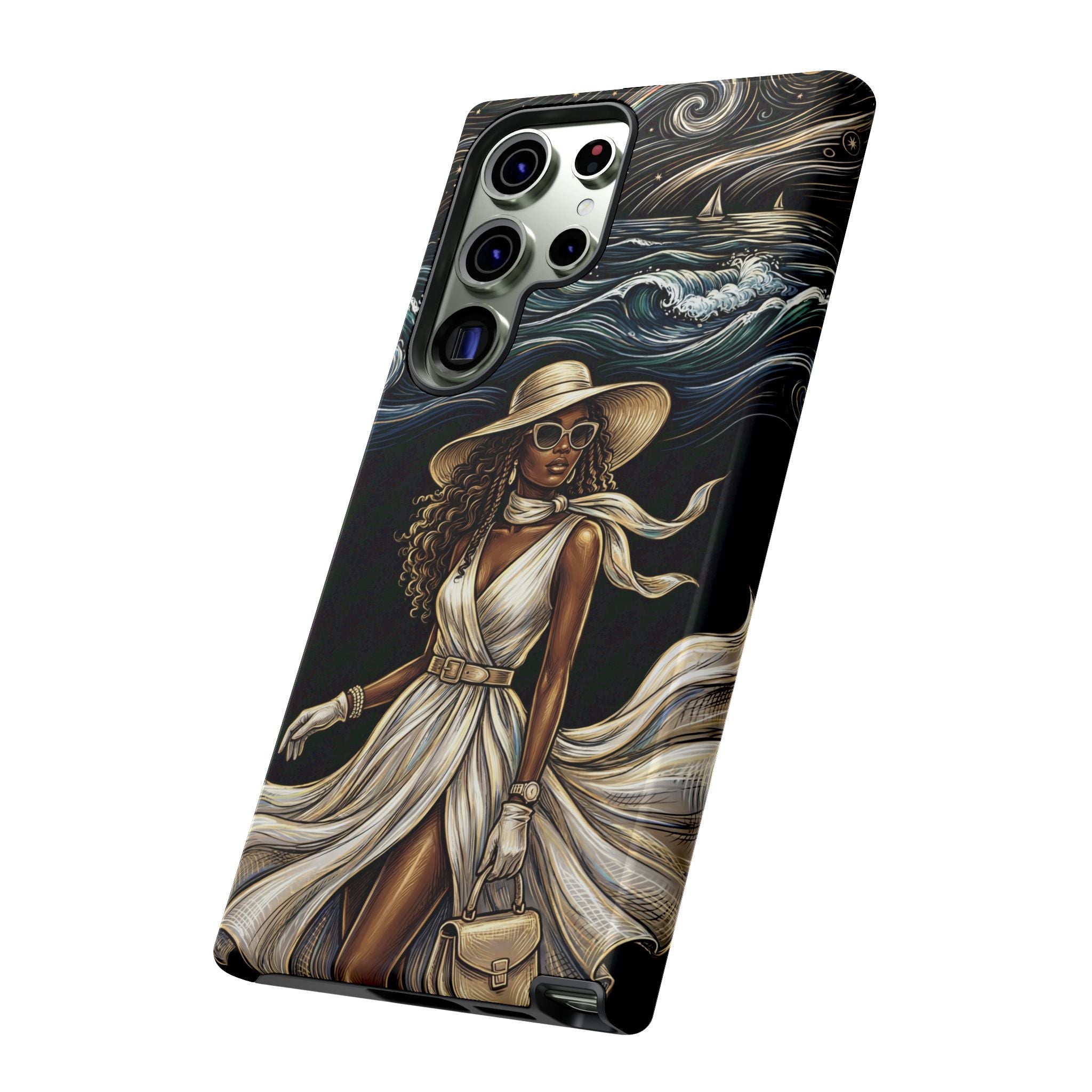 Samsung Galaxy Phone Case | Elegant Black Woman in Flowing Dress by the Sea