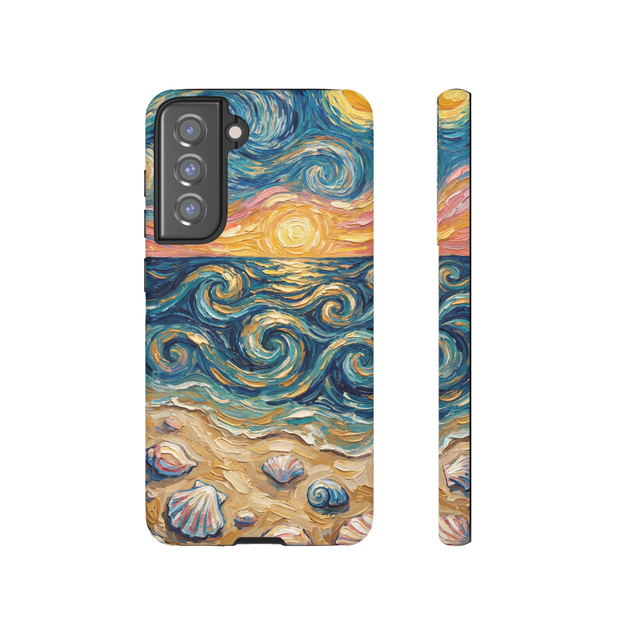 Sea Sunset Samsung Galaxy Case — Van Gogh‑Style Beach Waves with Shells