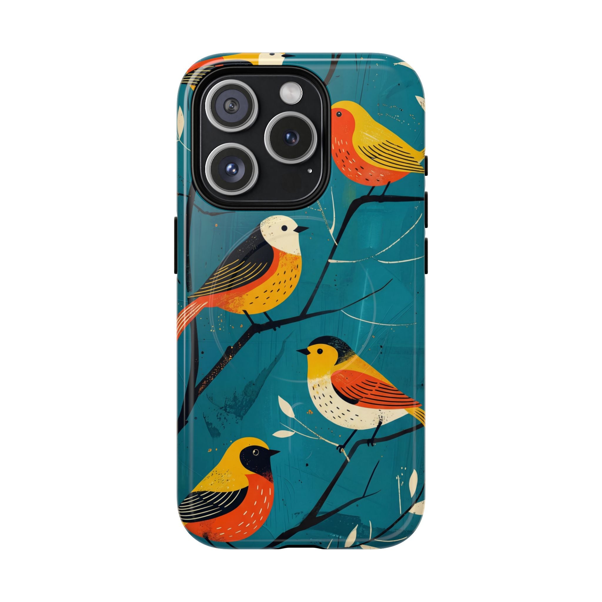 Bird Pattern Tough MagSafe iPhone Case | Colourful Songbirds on Teal Background