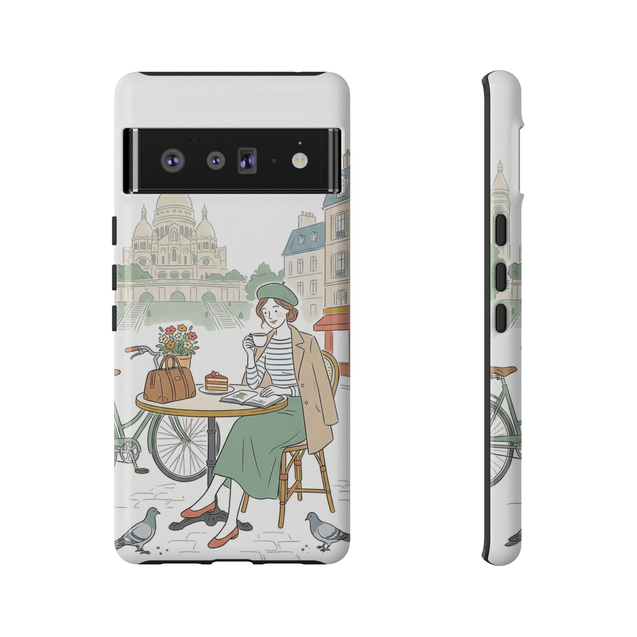 Paris Cafe Illustration Google Pixel Phone Case | Vintage Bicycles & Pigeons Protective Cover