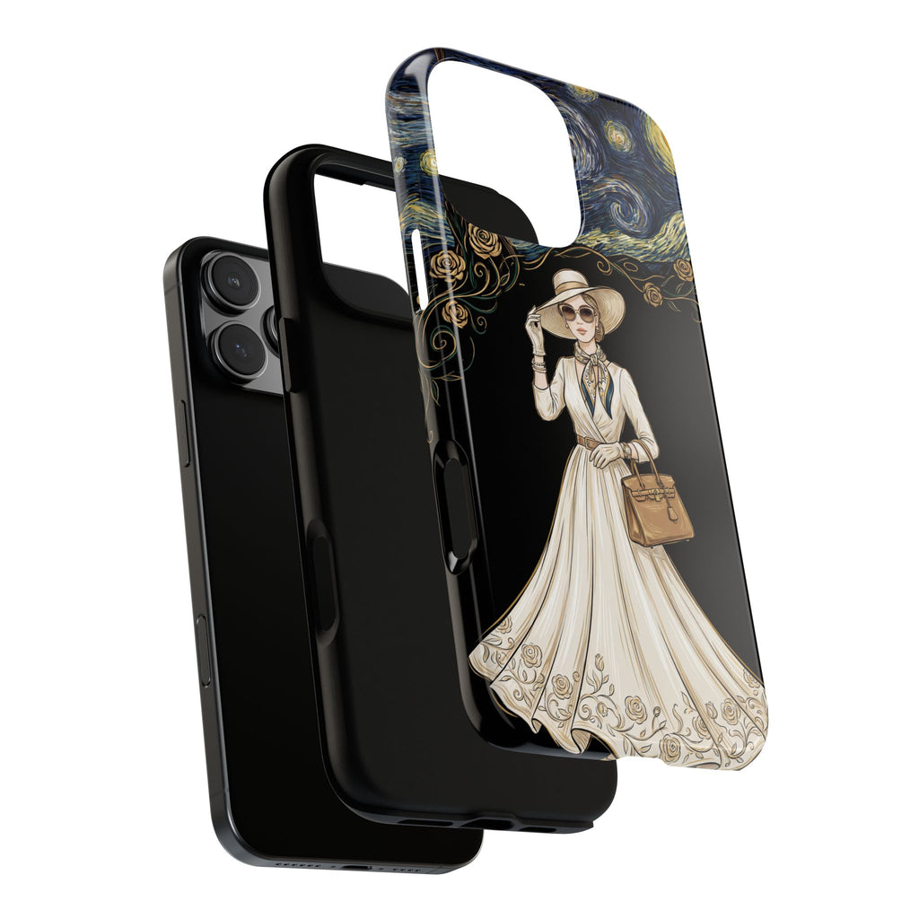 Vintage Starry Night Fashion iPhone Case | Elegant Lady in White Dress