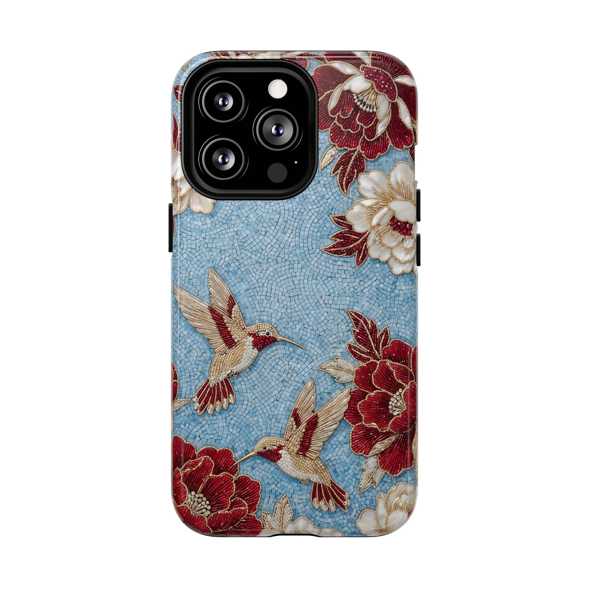 Floral Hummingbird Tough MagSafe iPhone Case | Vintage Blue & Burgundy Botanical Design