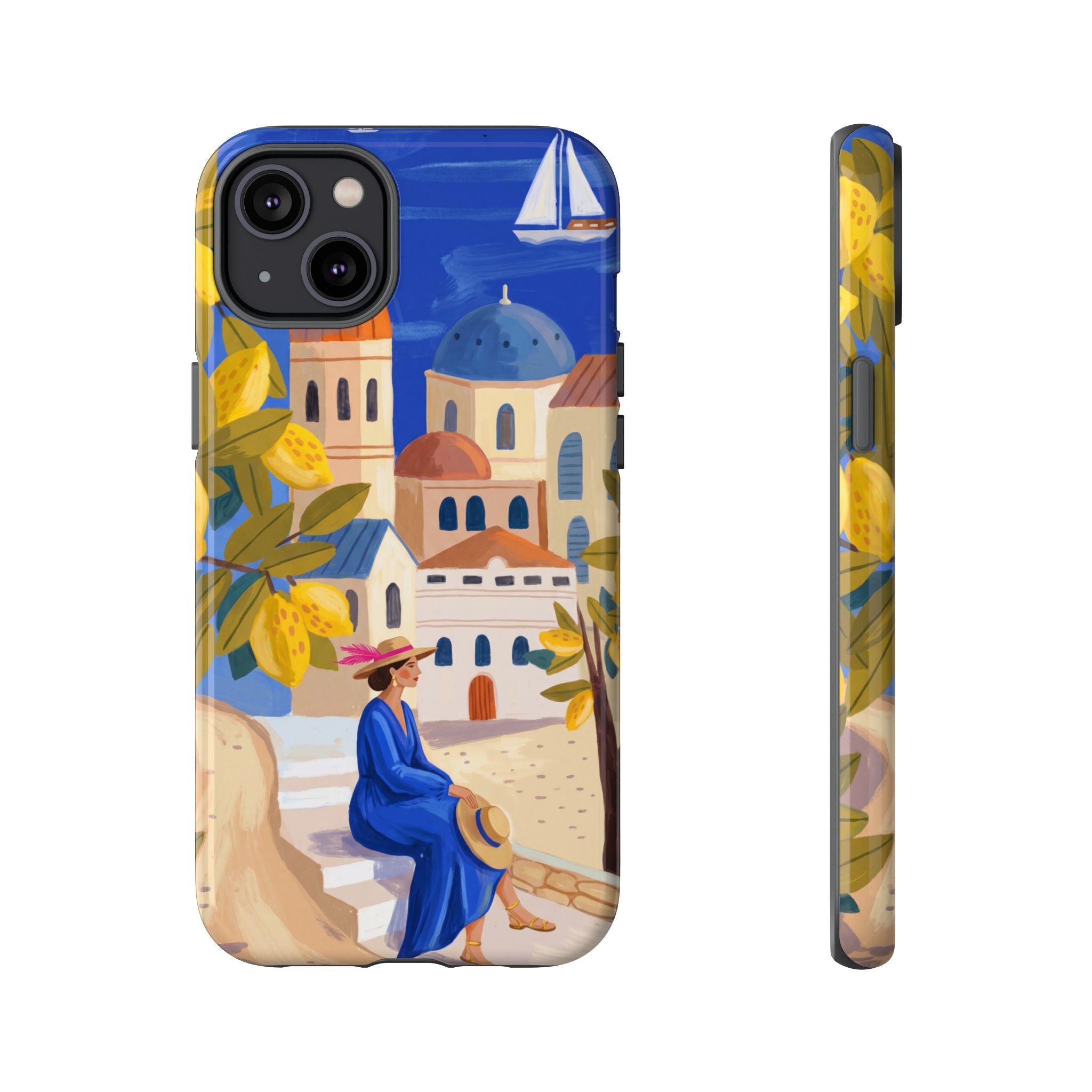 Mediterranean Village iPhone Case | Scenic Sailboat & Lemon Grove Design