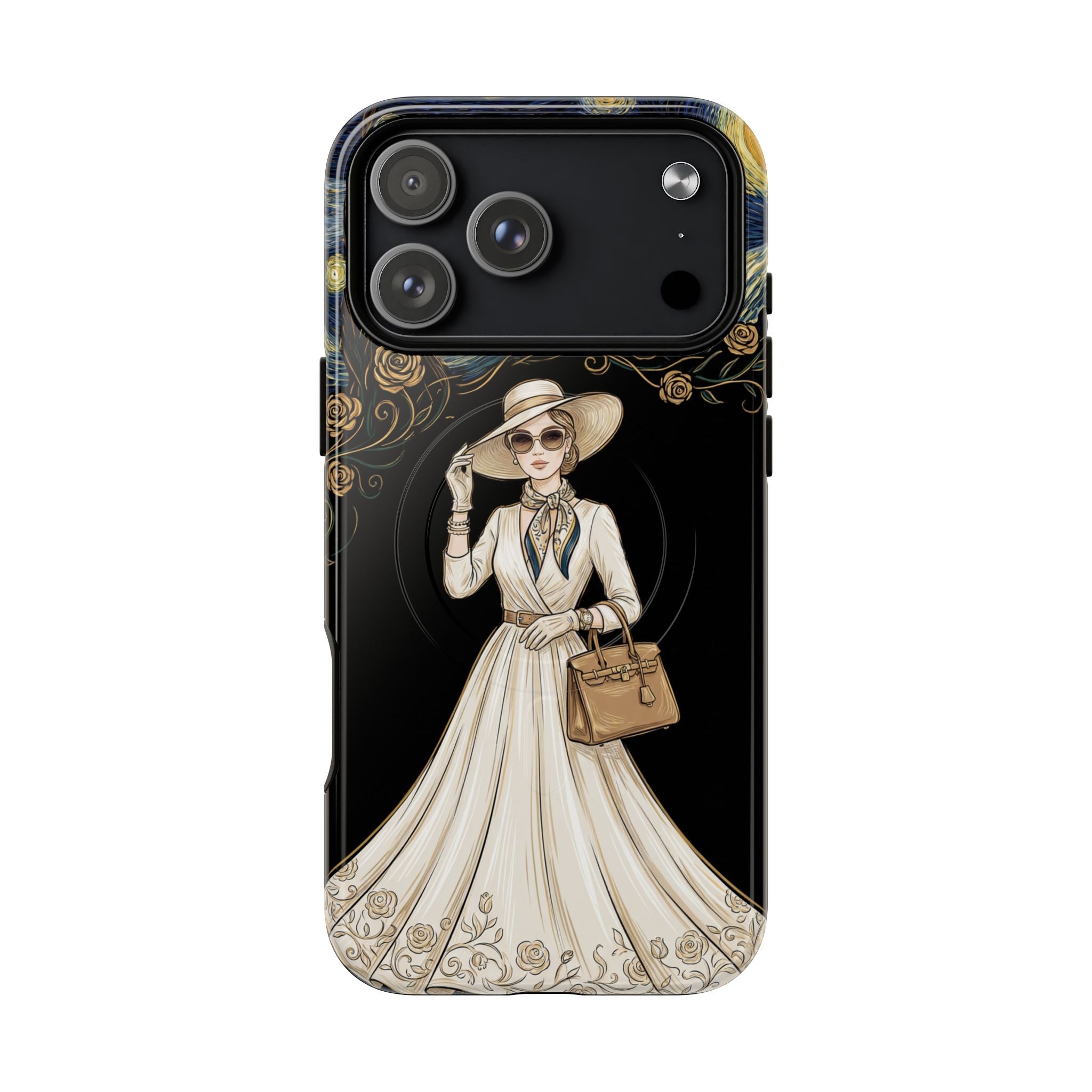 Vintage Starry Night Fashion MagSafe iPhone Case | Elegant Lady in White Dress