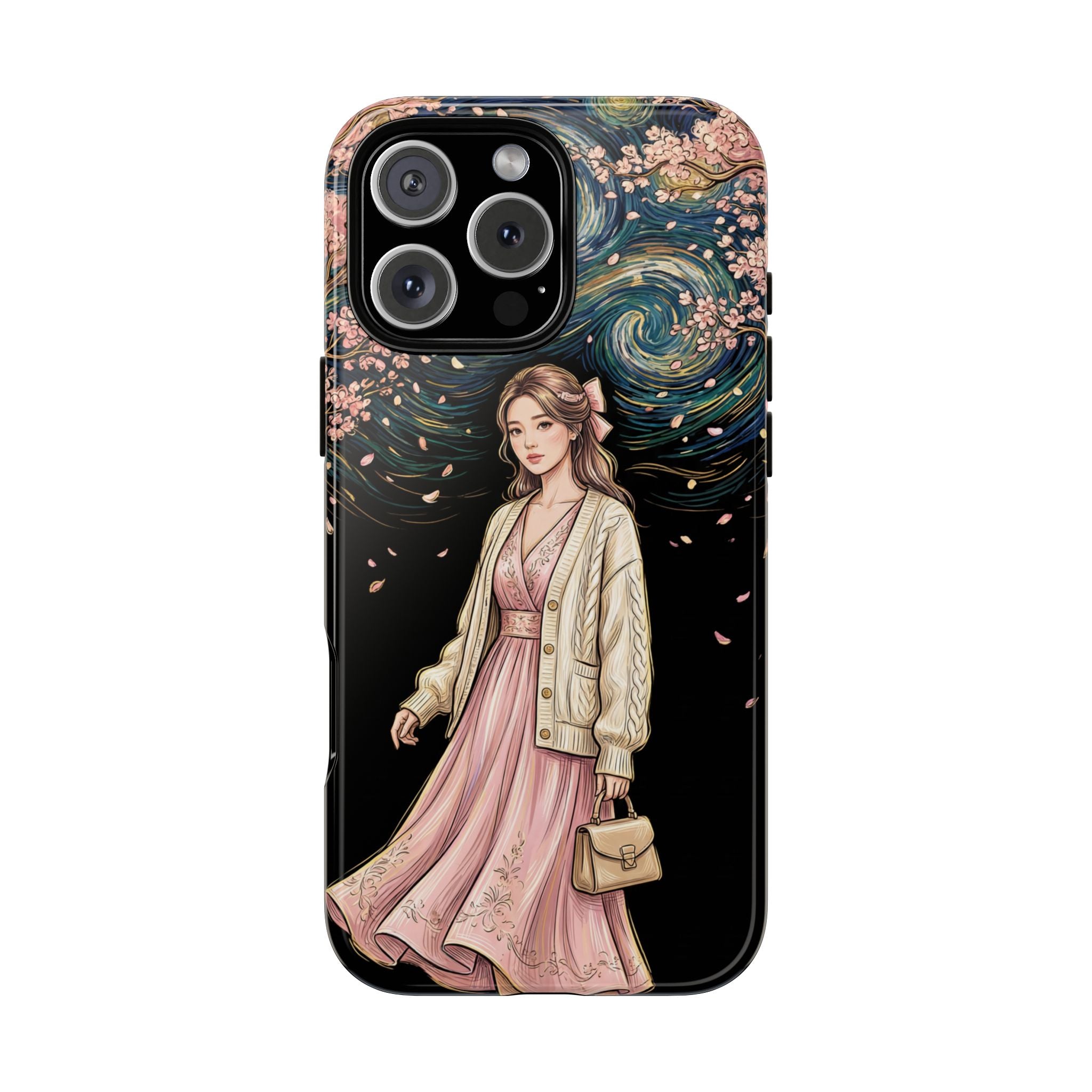 Floral Starry Night iPhone Case | Elegant Girl in Pink Dress