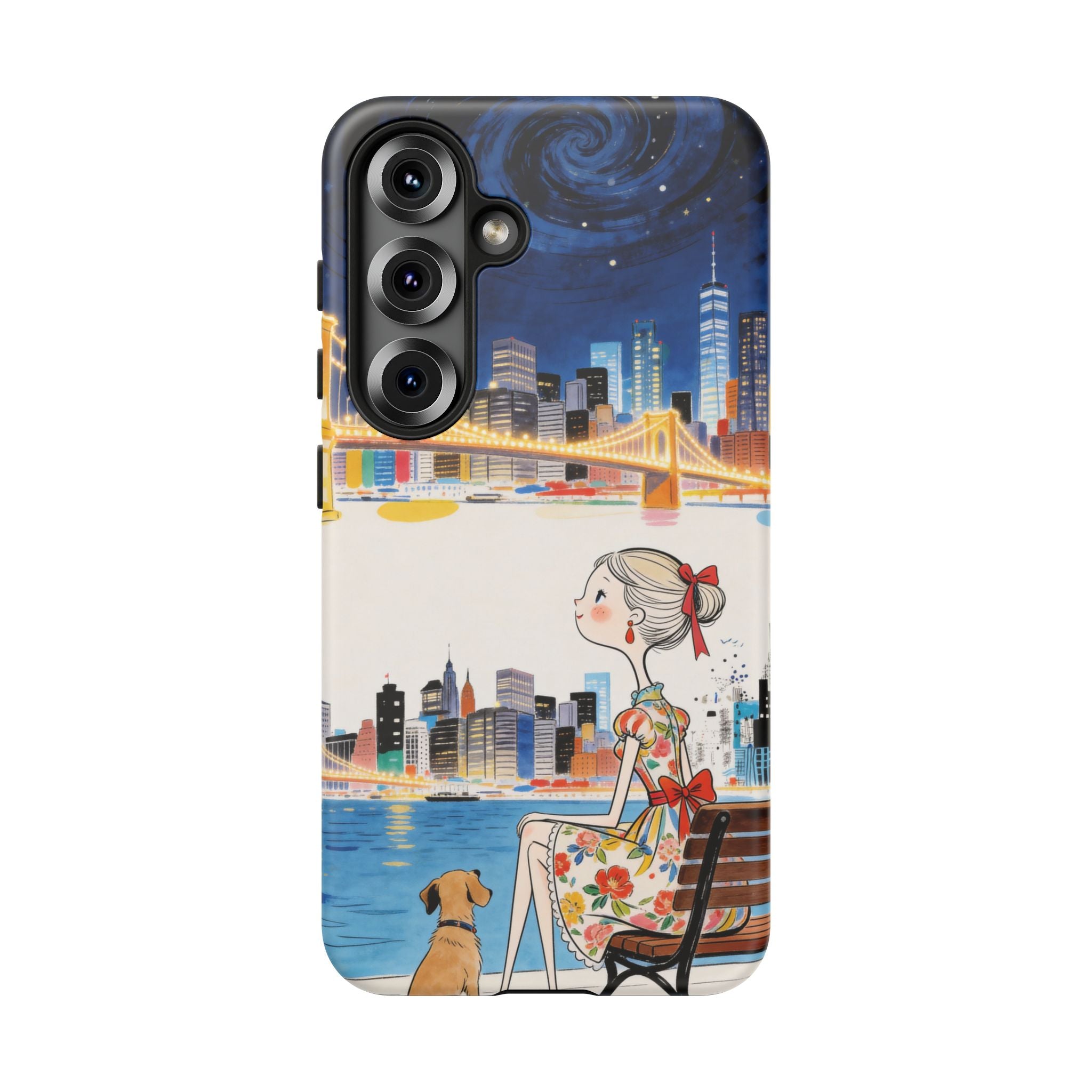 City Night Samsung Galaxy Phone Case | Cute Girl & Dog Bench Illustration