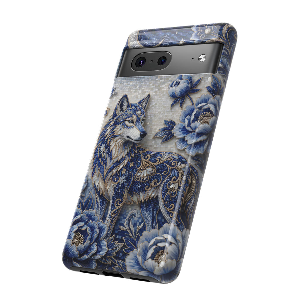 Blue Floral Wolf Tough Google Pixel Phone Case | Moonlit Wolf Protective Cover