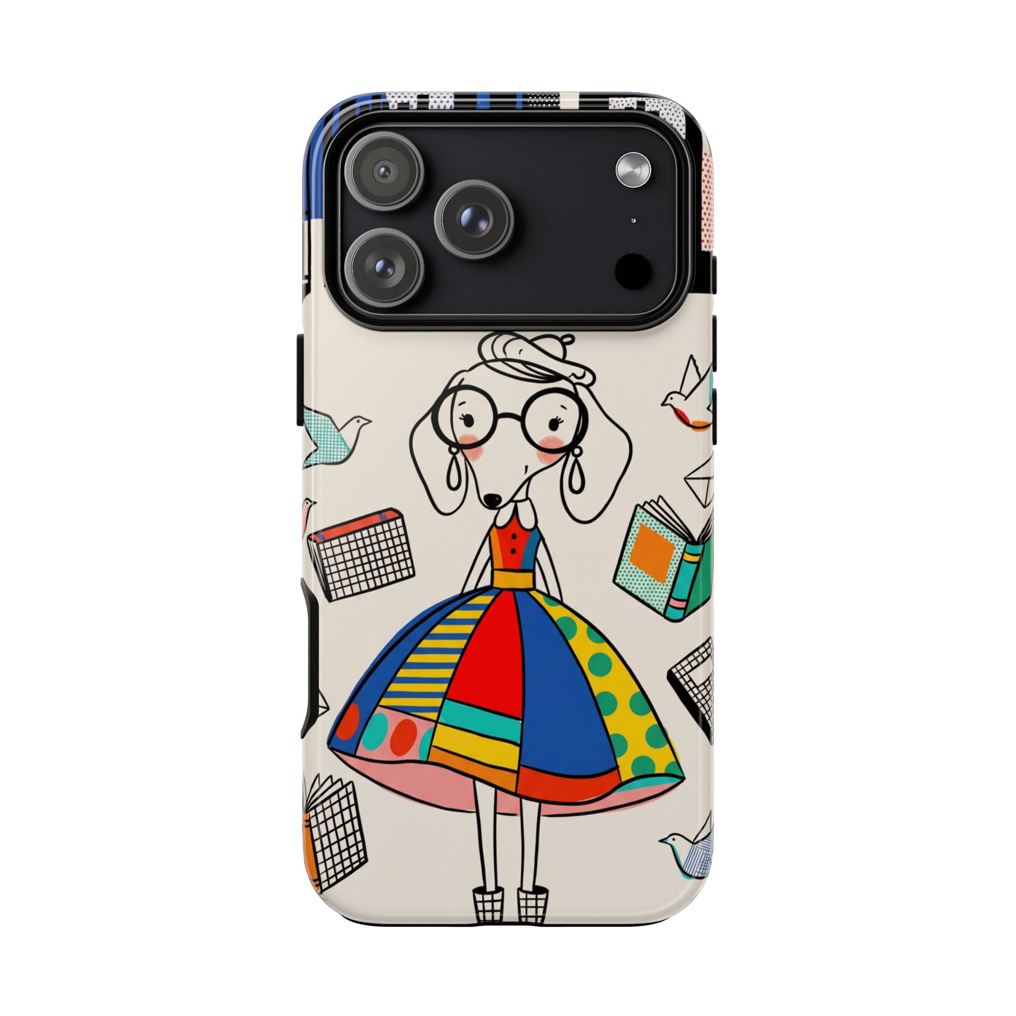 Cute Dachshund Dog Illustration iPhone Case | Colorful Whimsical Book & Bird Design