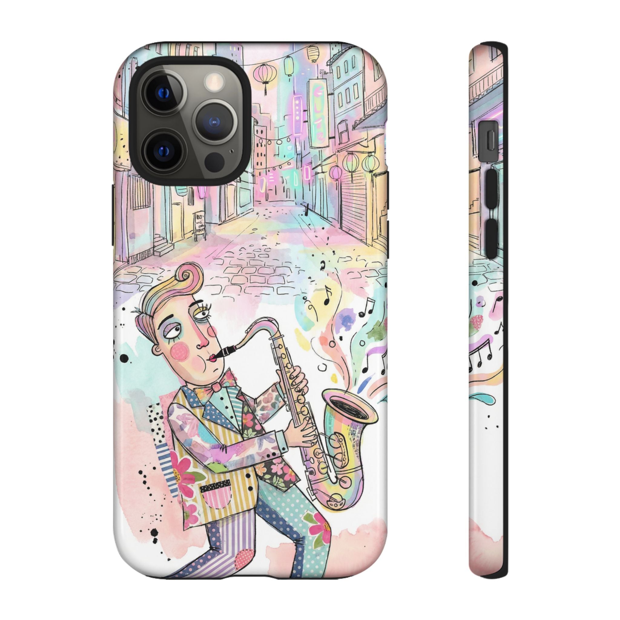 Sax Player Art iPhone Case | Pastel Jazz Street Illustration