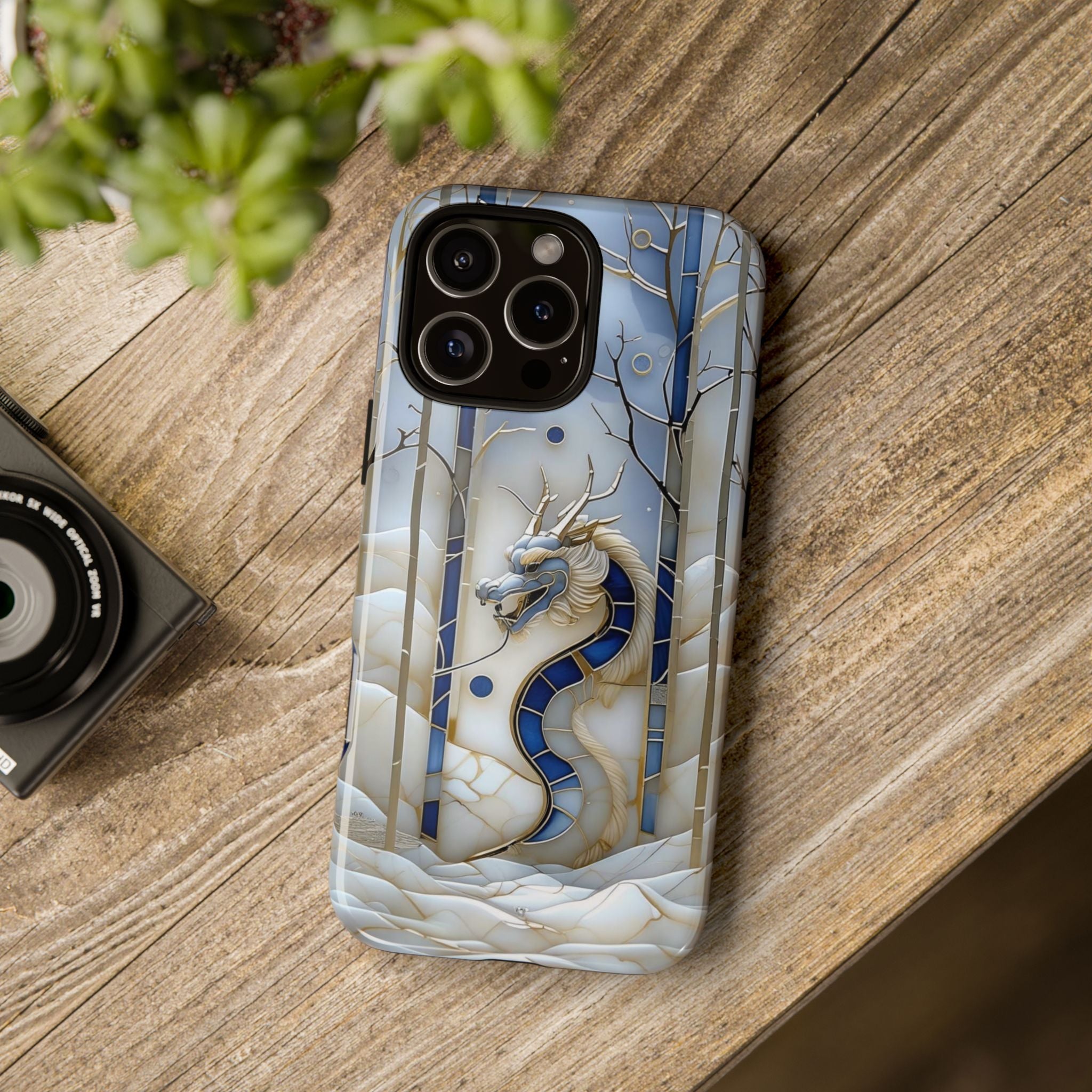 Dragon Stained Glass iPhone Case — Blue Winter Forest Protective Cover
