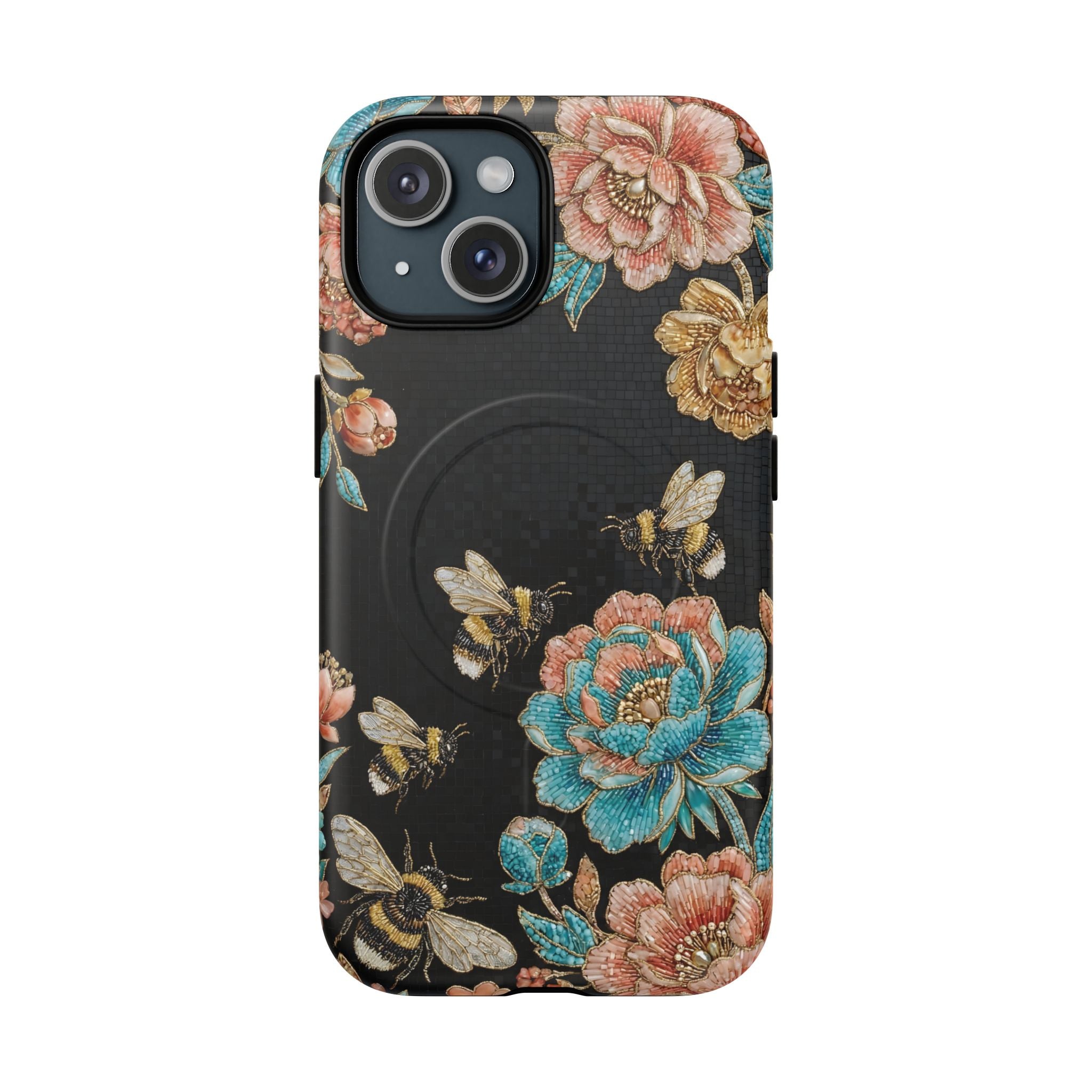 Floral Bees Tough MagSafe iPhone Case | Vintage Rose & Bumblebee Protective Cover