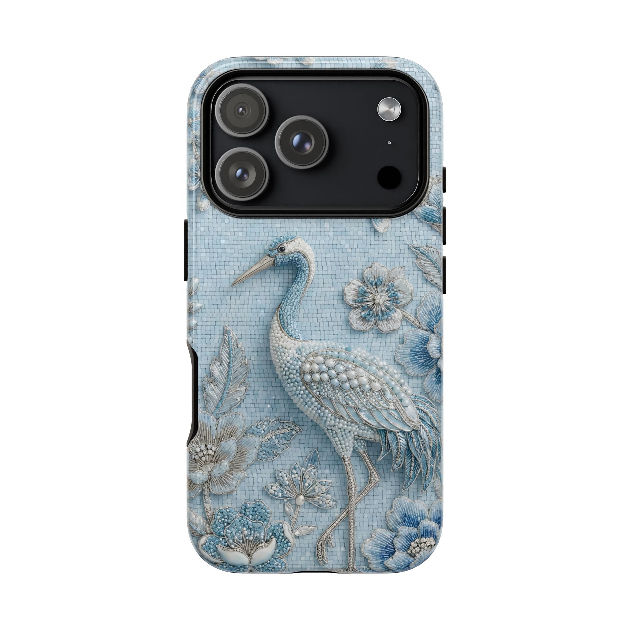 Blue Crane Floral iPhone Case | Vintage Embossed Bird Design