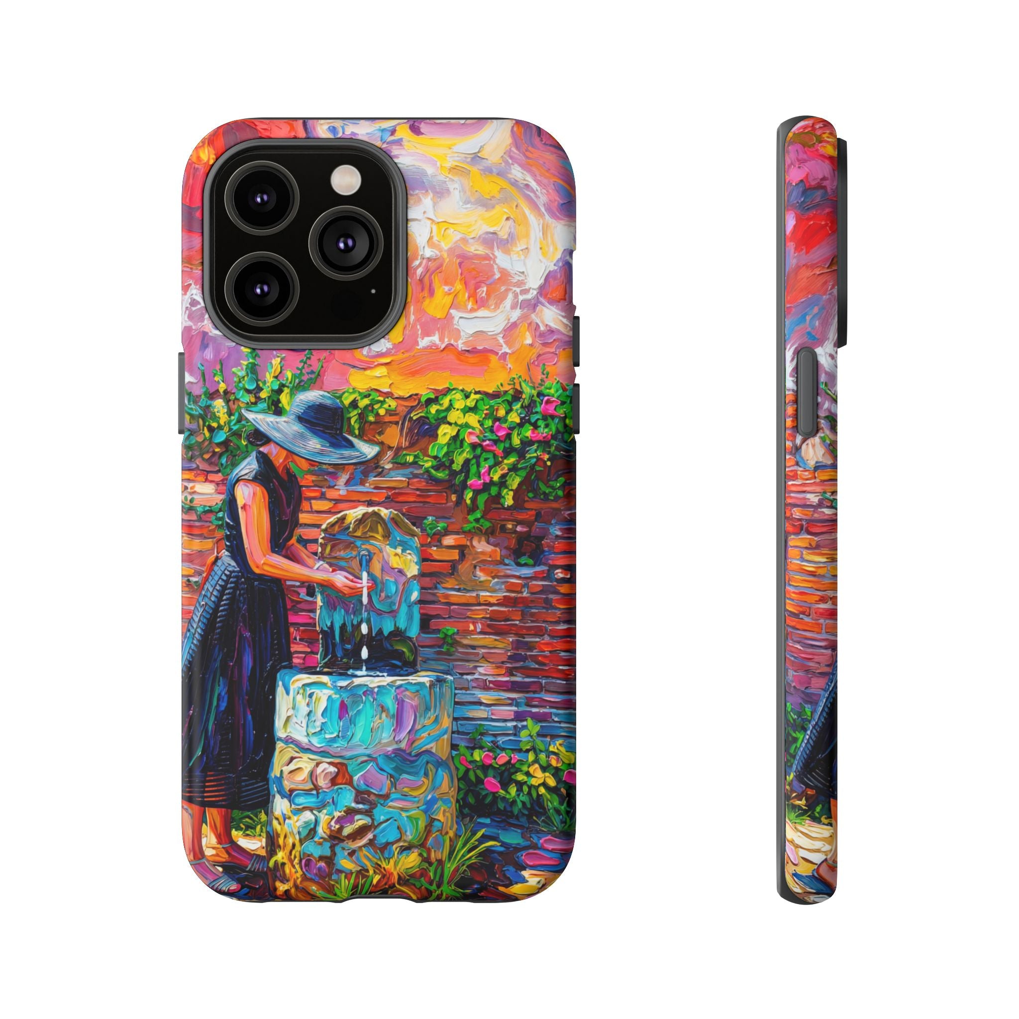 Artistic Garden iPhone Case | Woman at Fountain Colourful Painterly Design