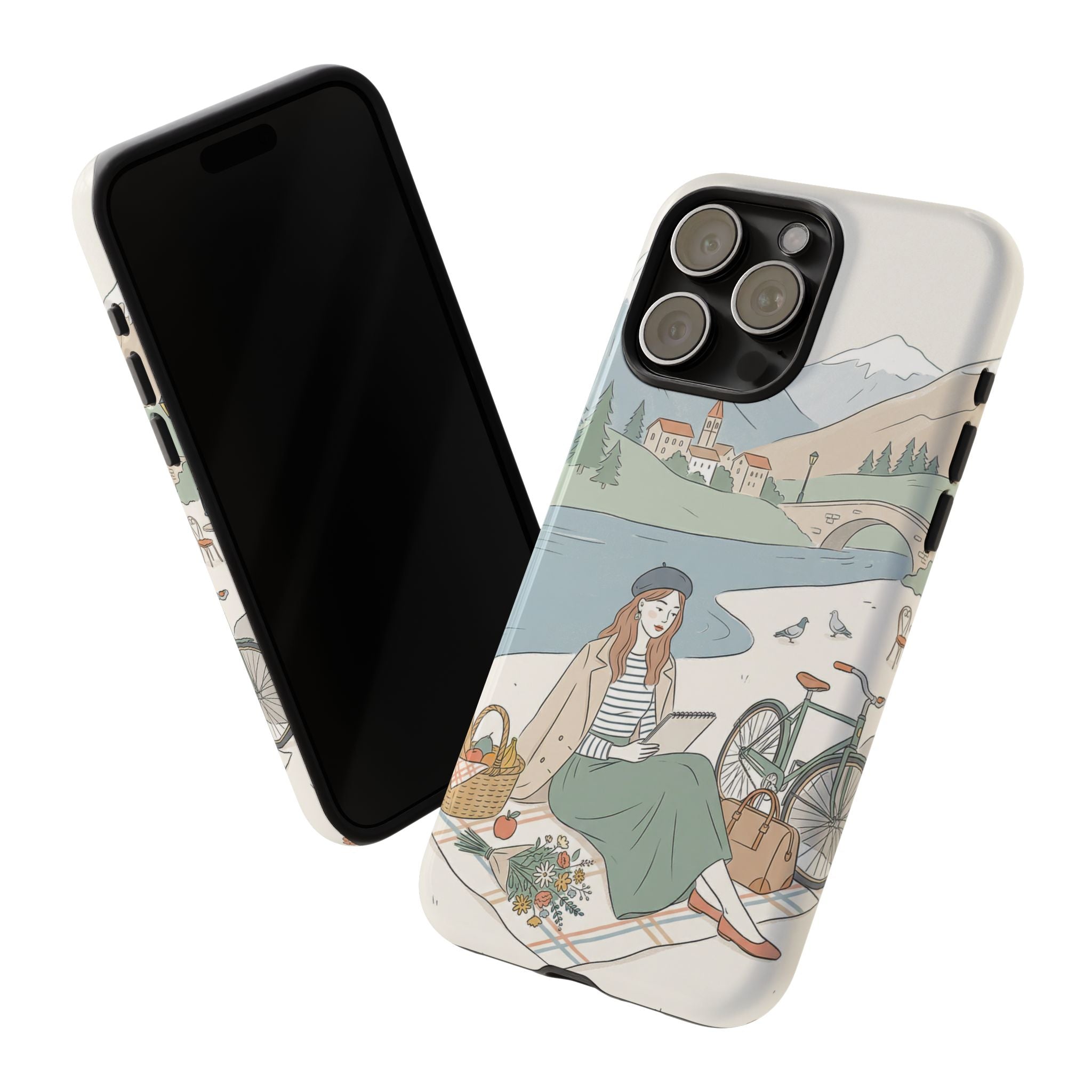 Scenic Picnic iPhone Case | Vintage Bicycle & Mountain Illustration