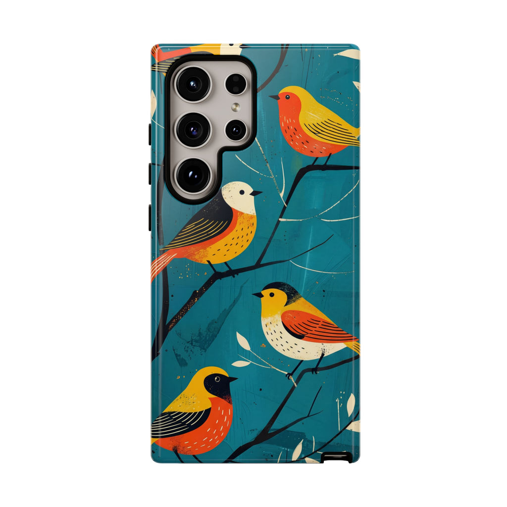 Bird Pattern Tough Samsung Galaxy Phone Case | Colourful Songbirds on Teal Background
