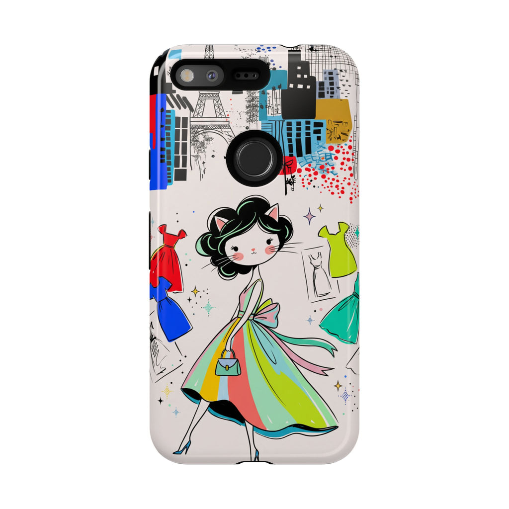 Retro Fashion Cat Girl Google Pixel Phone Case | Cute Dress & City Print