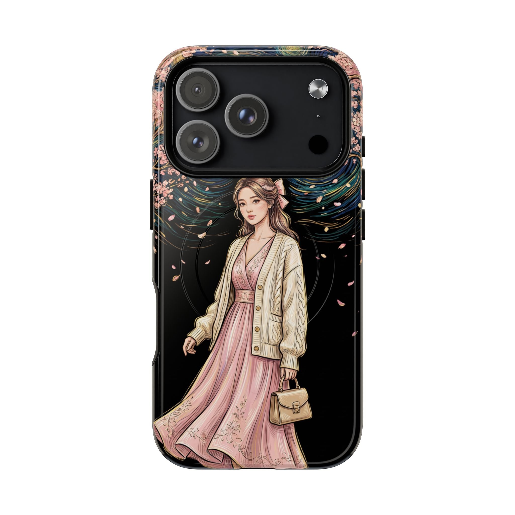 Floral Starry Night MagSafe iPhone Case | Elegant Girl in Pink Dress