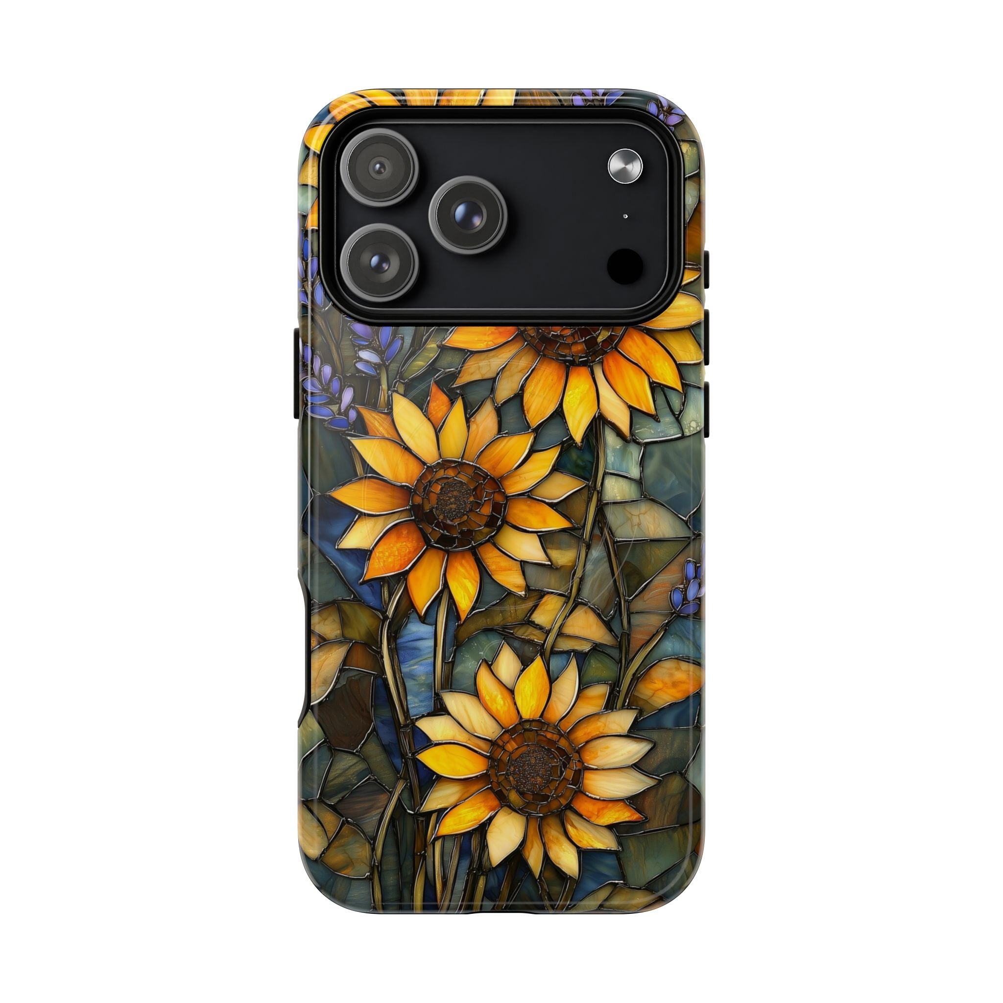 Custodia MagSafe resistente per iPhone con motivo a girasole in vetro colorato