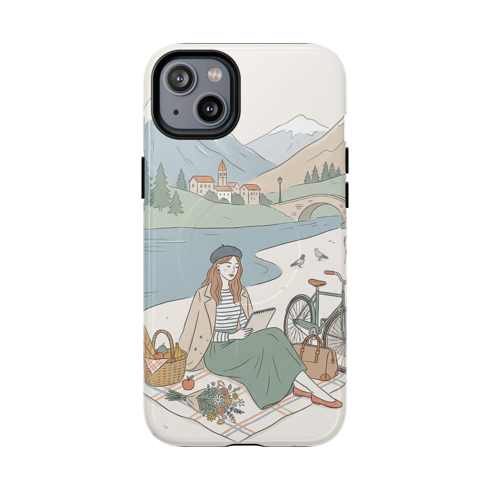 Scenic Picnic MagSafe iPhone Case | Vintage Bicycle & Mountain Illustration