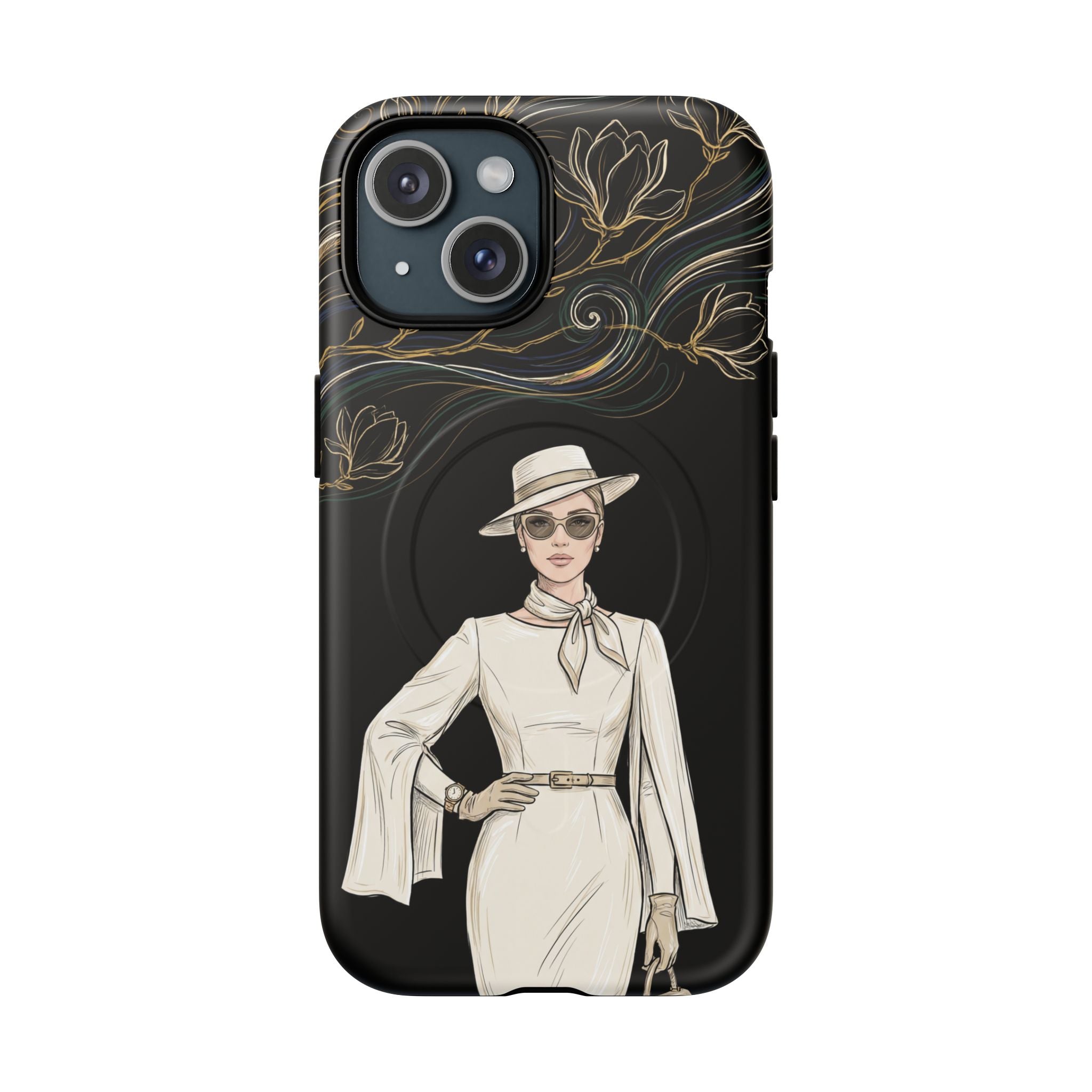MagSafe iPhone Case | Elegant Vintage Lady with Gold Floral Swirls