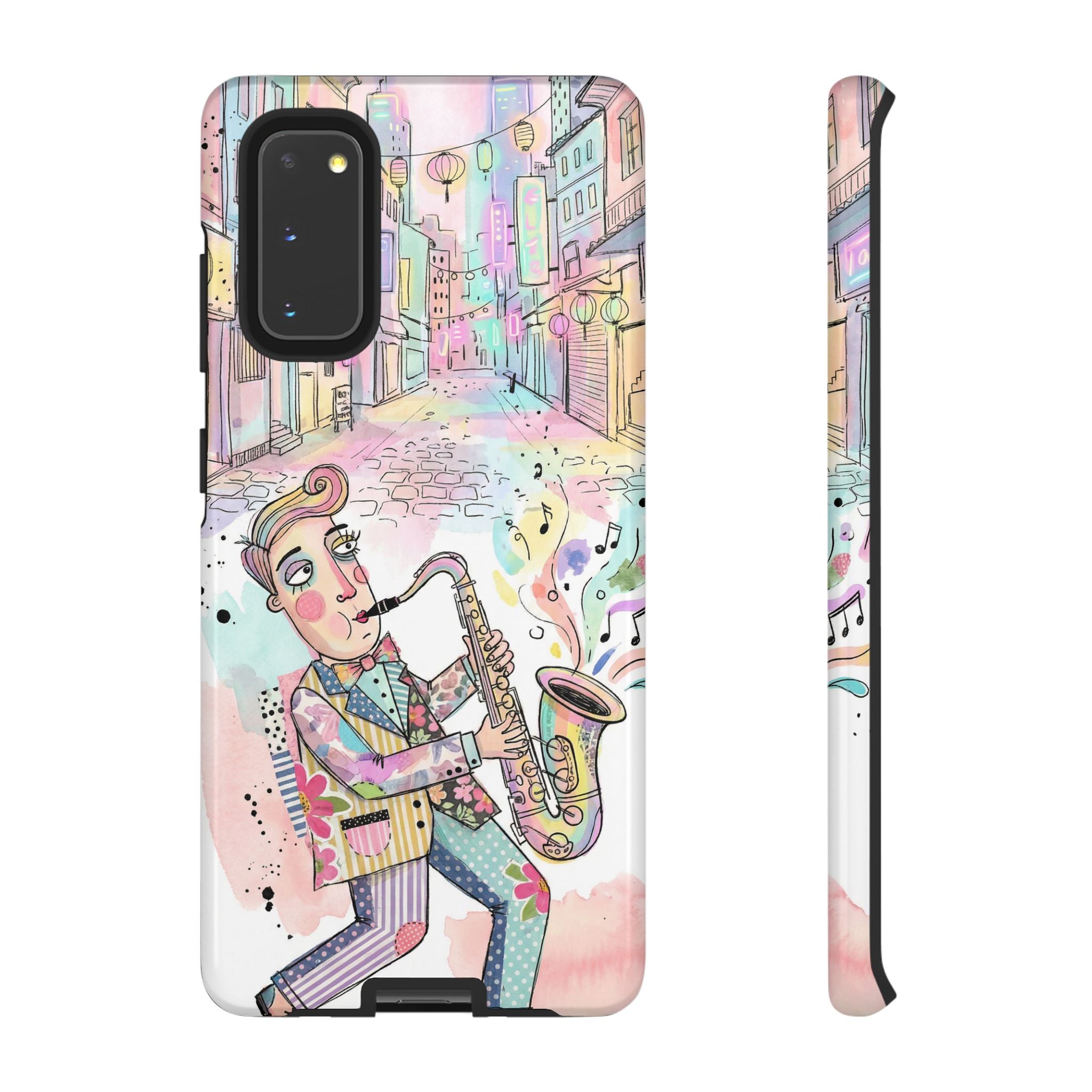 Sax Player Art Samsung Galaxy Phone Case | Pastel Jazz Street Illustration