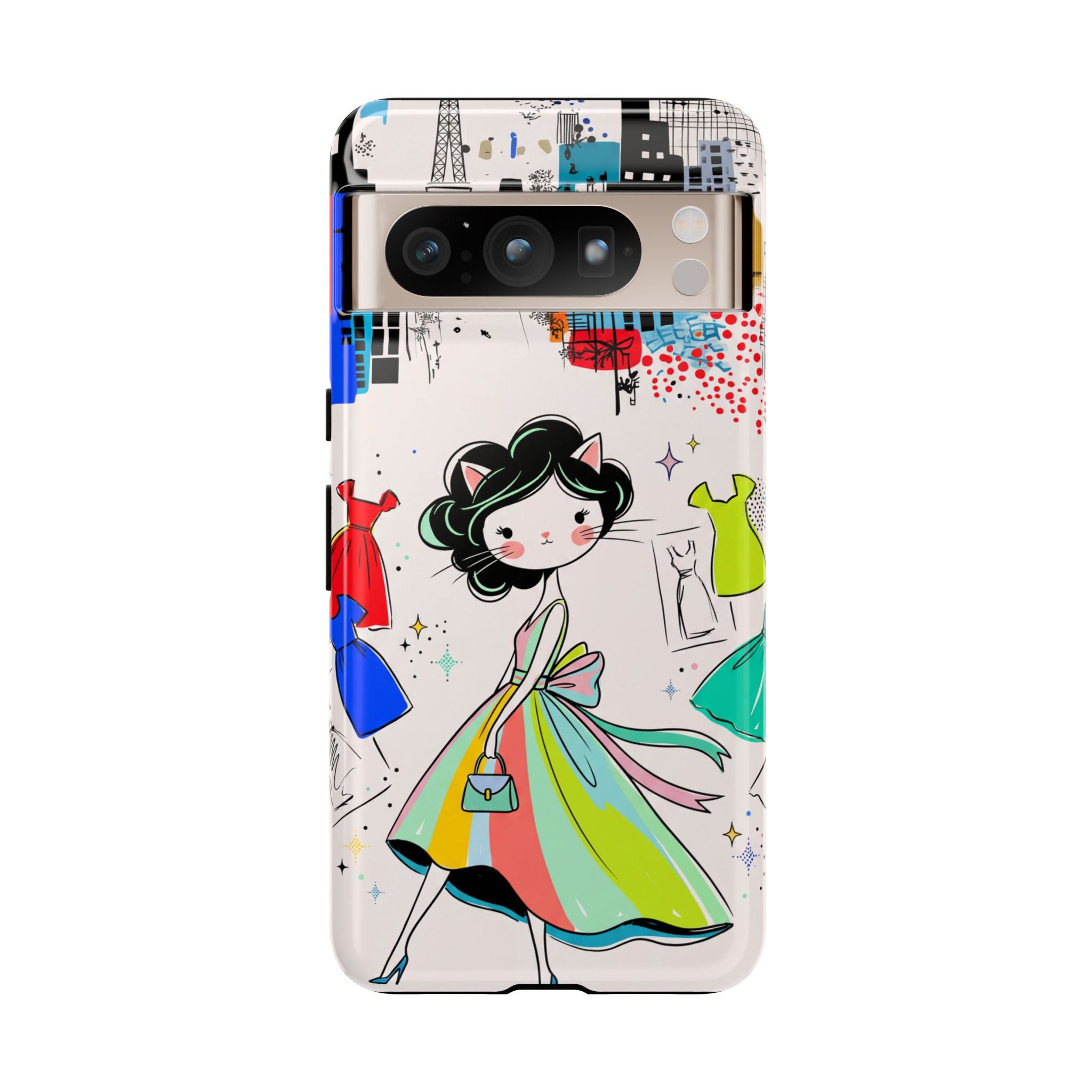 Retro Fashion Cat Girl Google Pixel Phone Case | Cute Dress & City Print