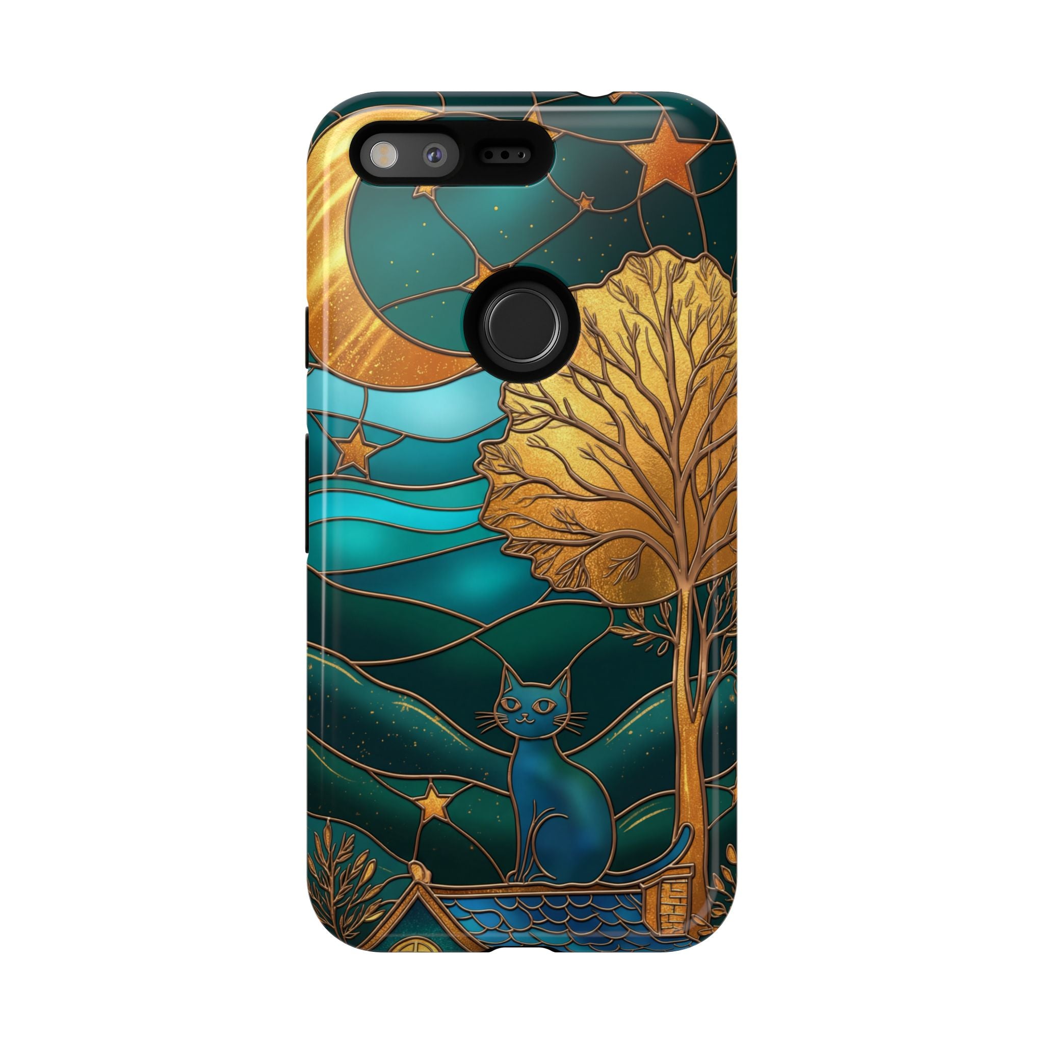 Stained Glass Night Cat Google Pixel Case | Teal & Gold Art Deco Protection