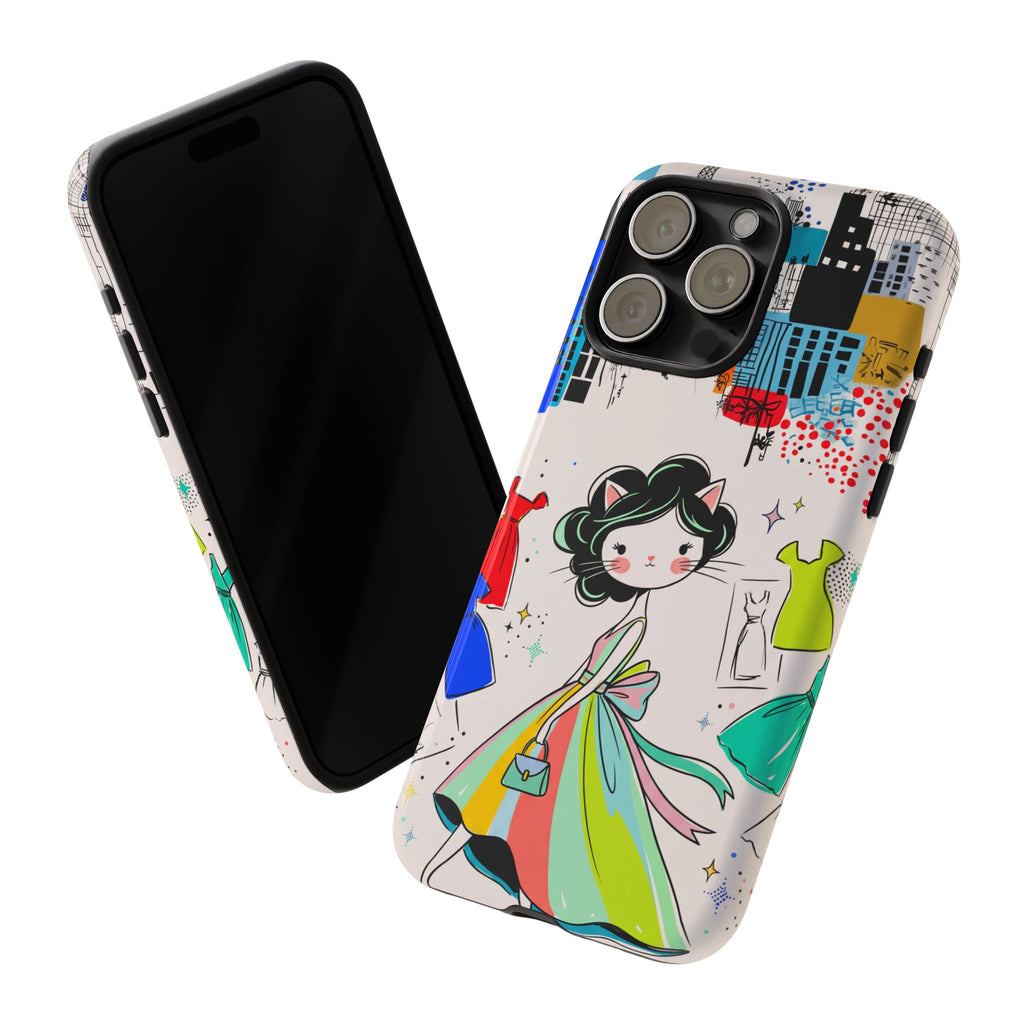 Retro Fashion Cat Girl iPhone Case | Cute Dress & City Print