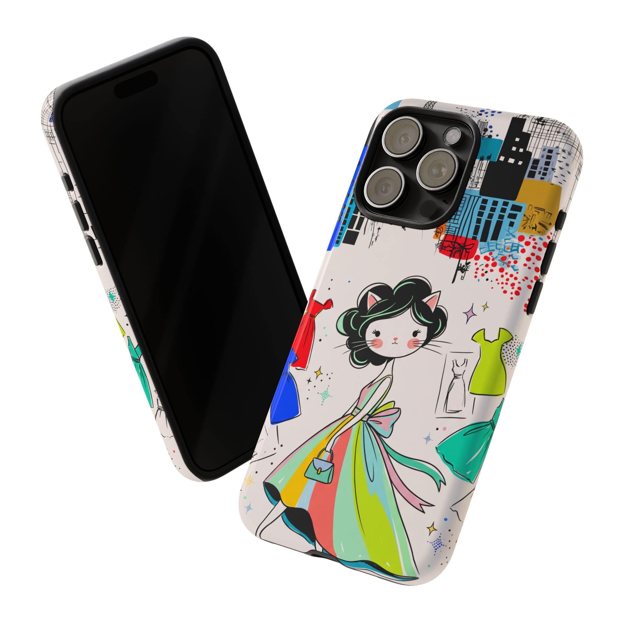 Retro Fashion Cat Girl iPhone Case | Cute Dress & City Print