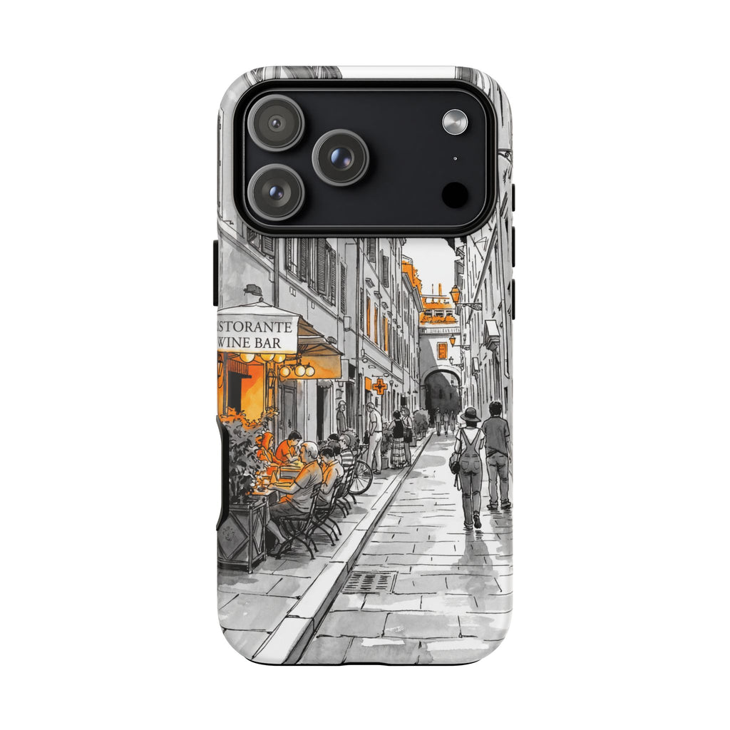Custodia per iPhone Vintage Italy Street | Schizzo in bianco e nero con dettagli arancioni