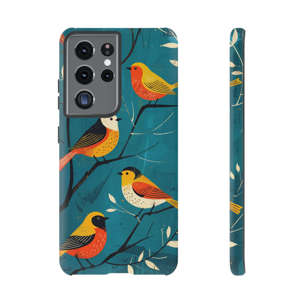 Bird Pattern Tough Samsung Galaxy Phone Case | Colourful Songbirds on Teal Background