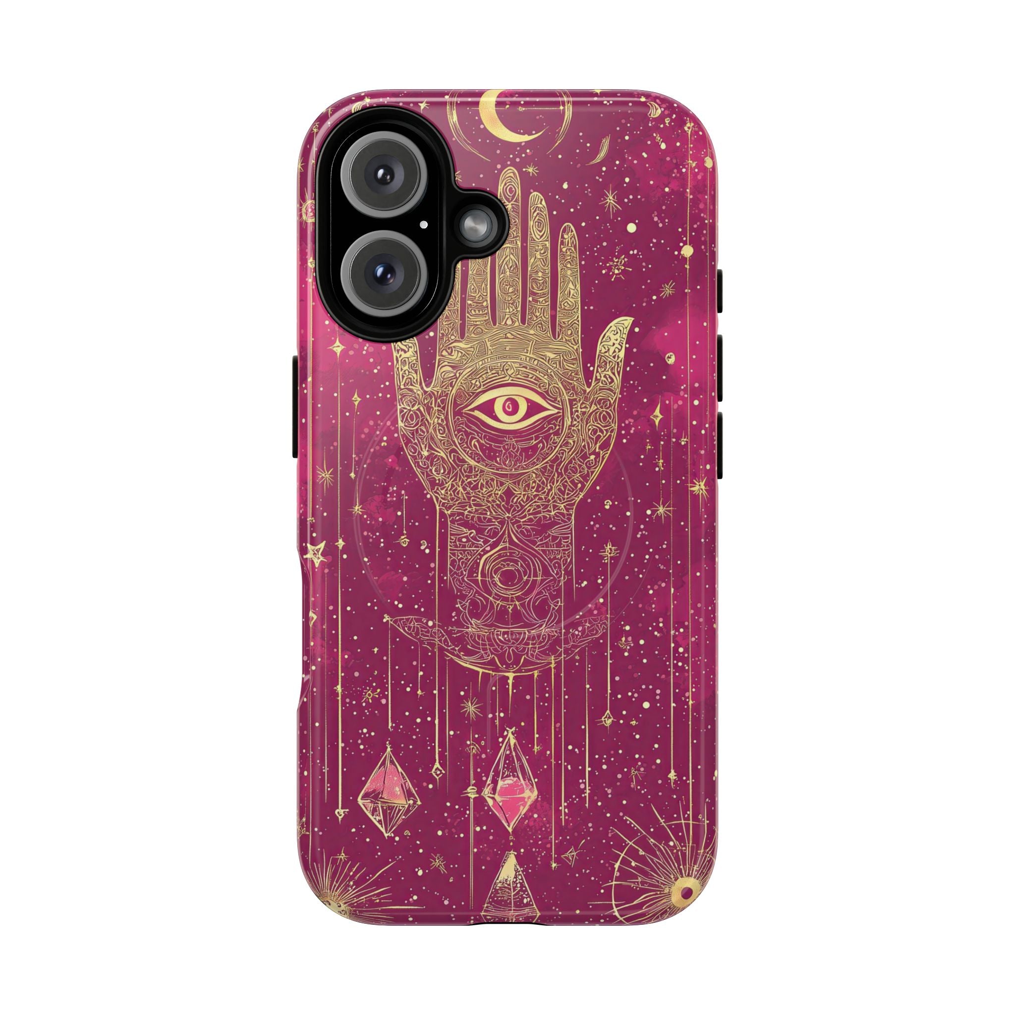 Custodia MagSafe per iPhone Mystic Hamsa | Palma dorata e occhio onniveggente su galassia magenta