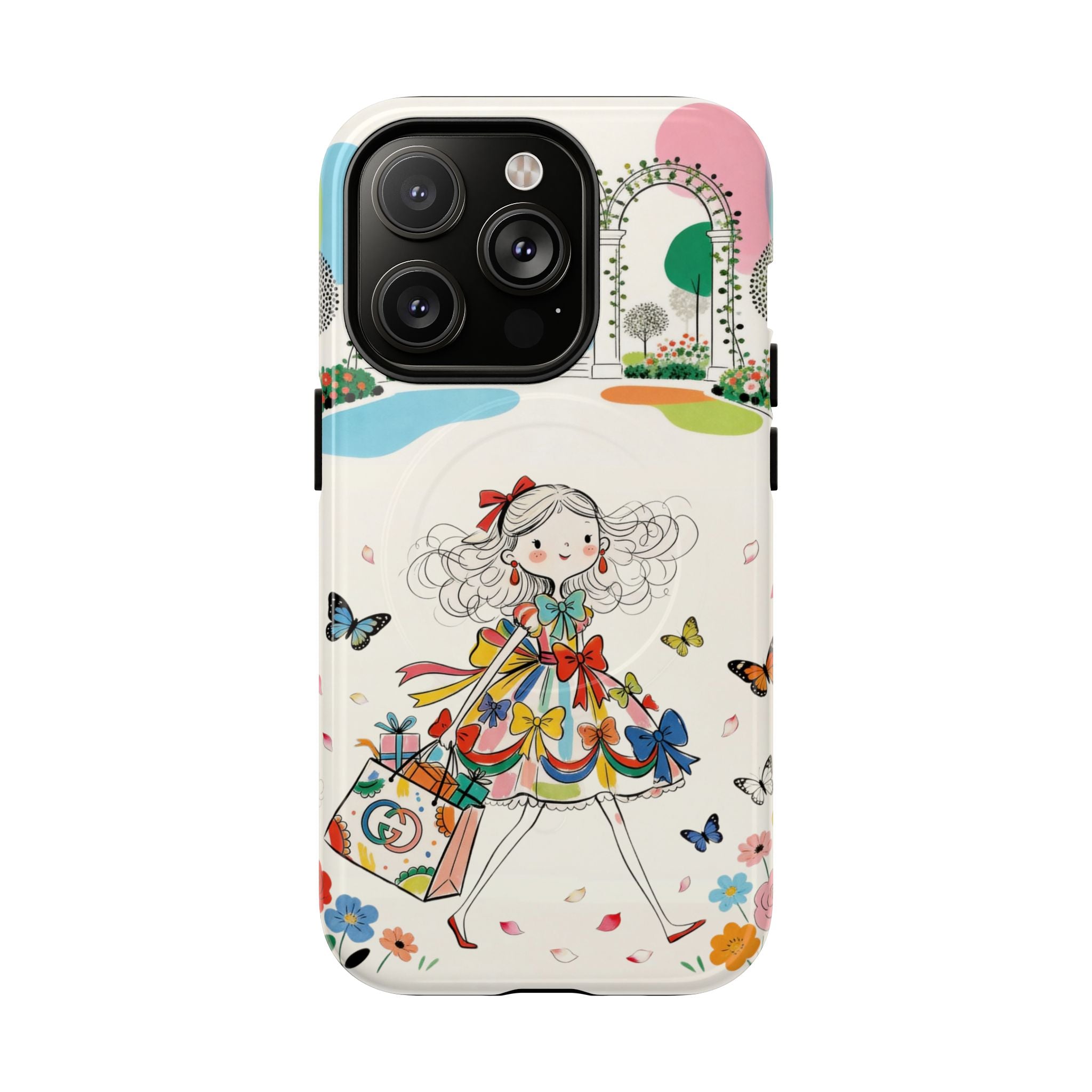 Whimsical Shopping Girl MagSafe iPhone Case | Cute Floral Butterfly Tough Case